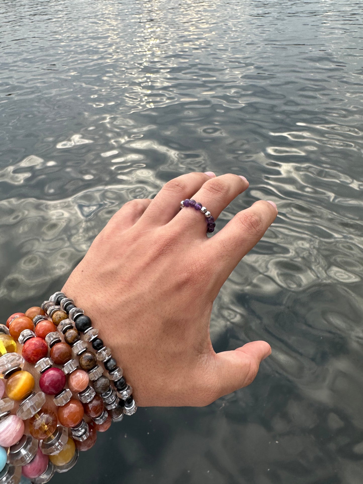 Luxury Amethyst & Silver Steel Design 2 Comfortable Magic Stretch Ring - World's Best Quality & Made To Last