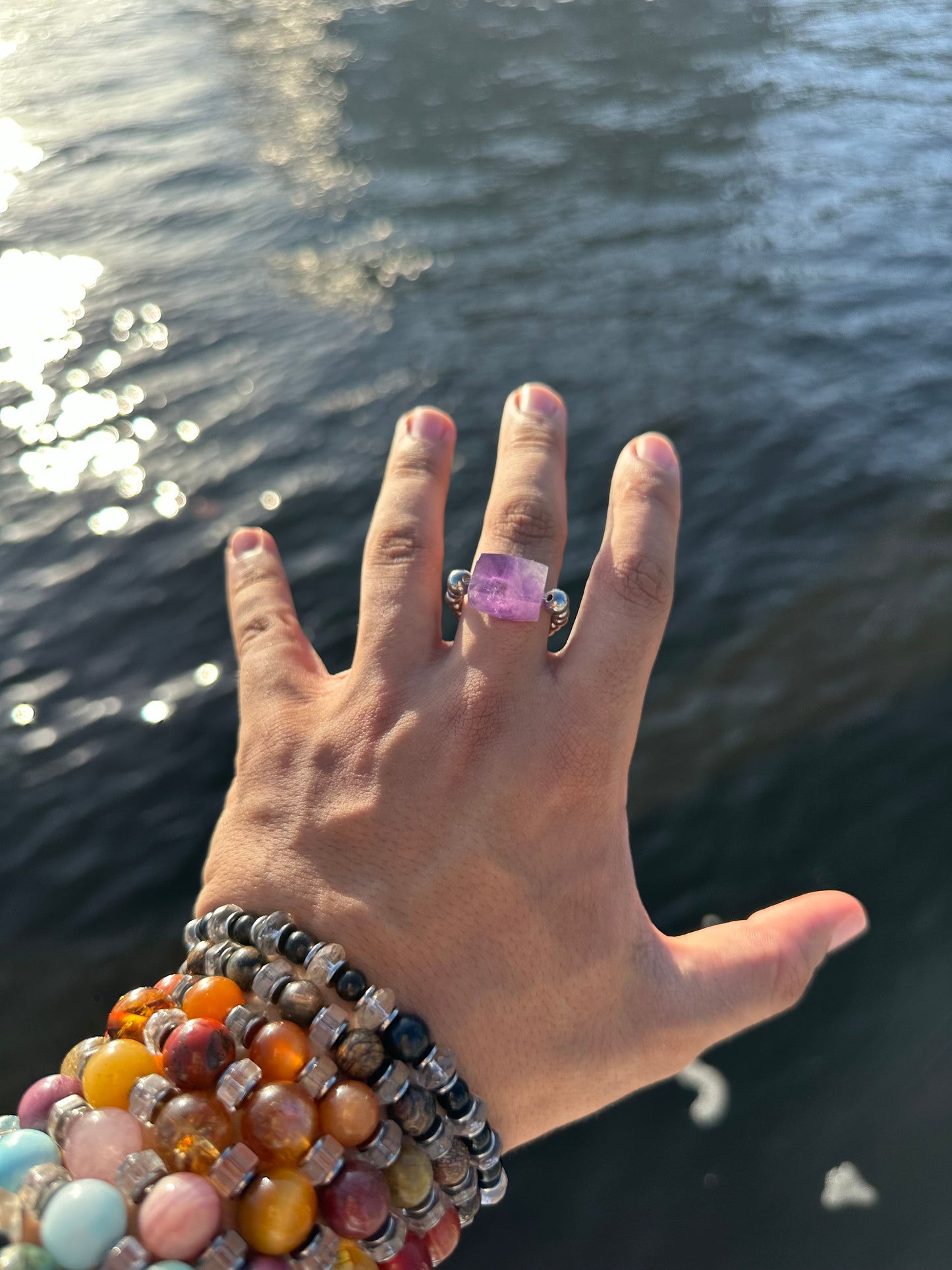 Luxury Amethyst Treasure Design (Lighter Amethyst) With Silver Steel Comfortable Magic Stretch Ring - World's Best Quality & Made To Last