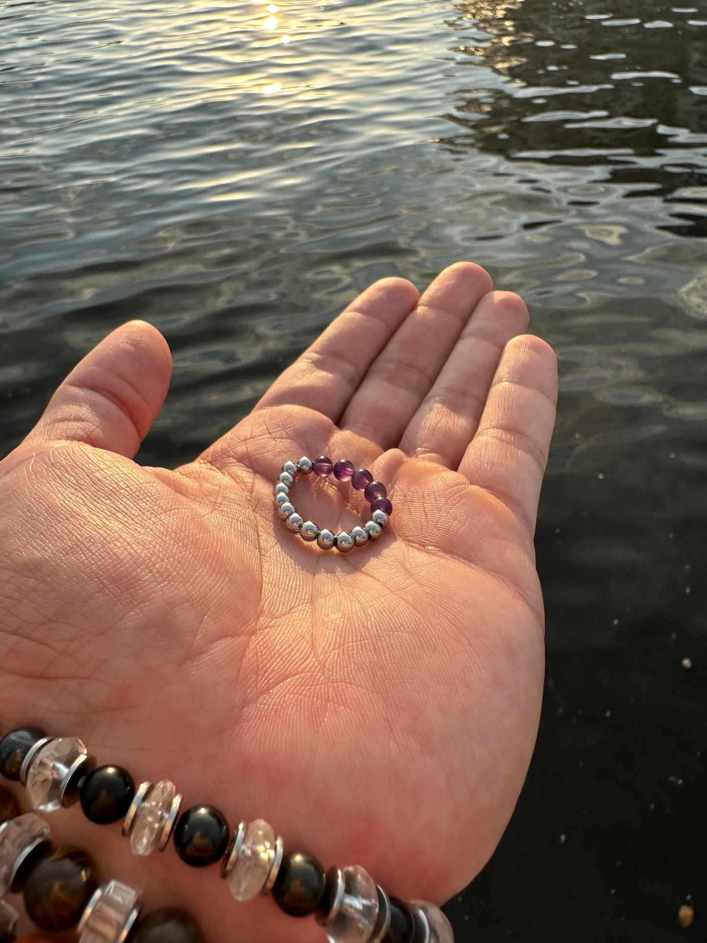 Luxury Amethyst & Silver Steel Design 3 Comfortable Magic Stretch Ring - World's Best Quality & Made To Last