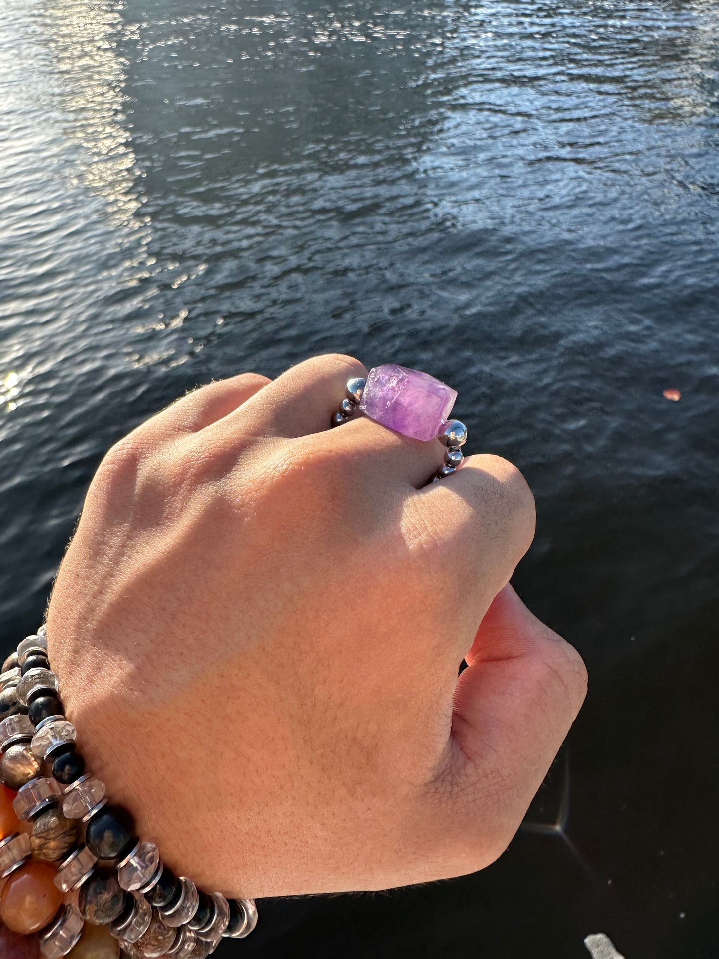 Luxury Amethyst Treasure Design (Lighter Amethyst) With Silver Steel Comfortable Magic Stretch Ring - World's Best Quality & Made To Last