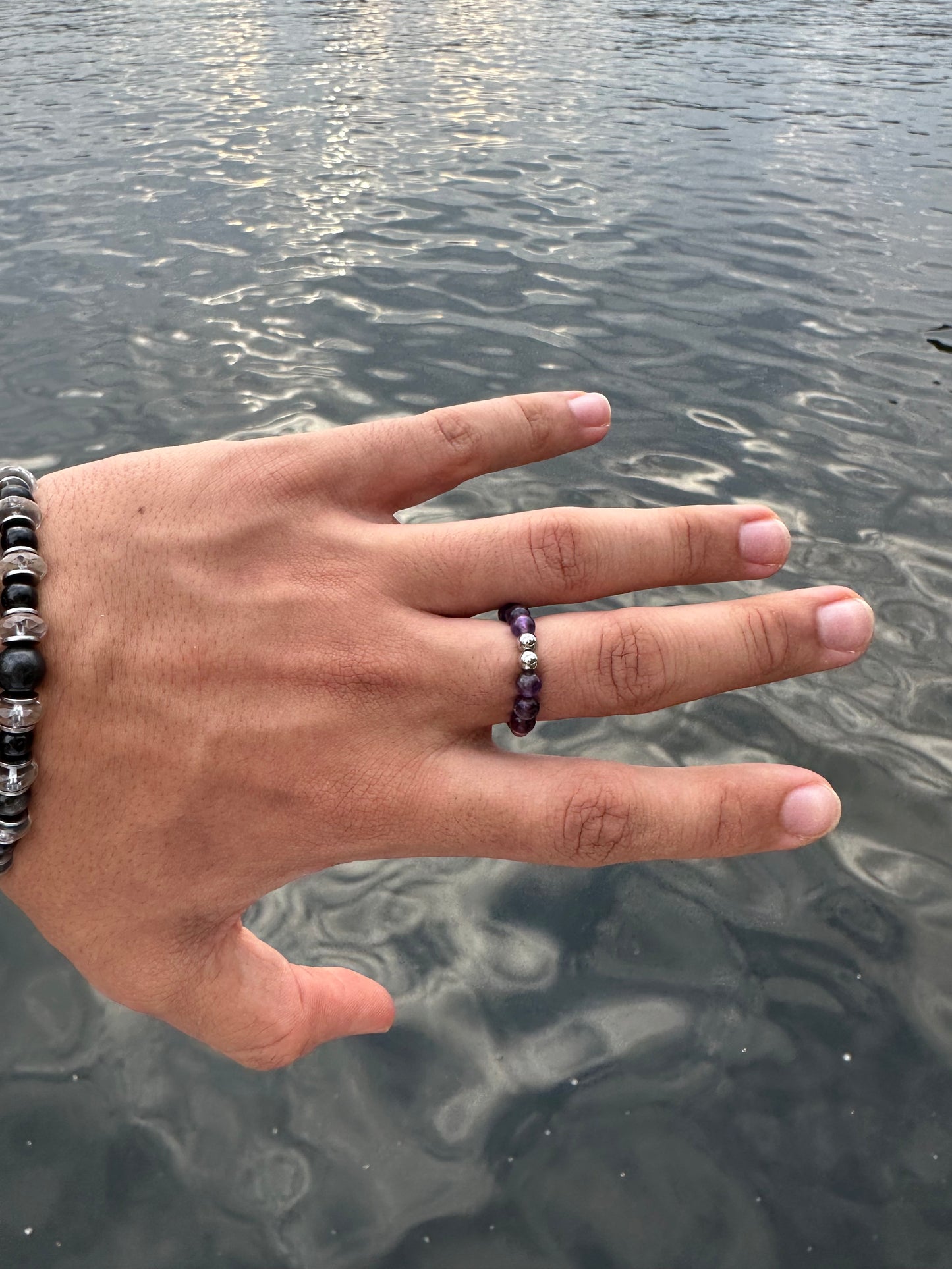 Luxury Amethyst & Silver Steel Design 2 Comfortable Magic Stretch Ring - World's Best Quality & Made To Last