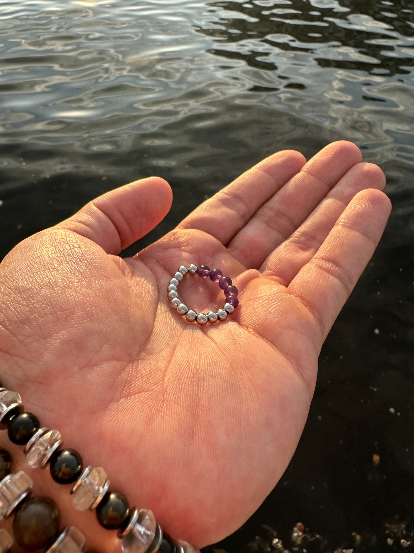 Luxury Amethyst & Silver Steel Design 3 Comfortable Magic Stretch Ring - World's Best Quality & Made To Last