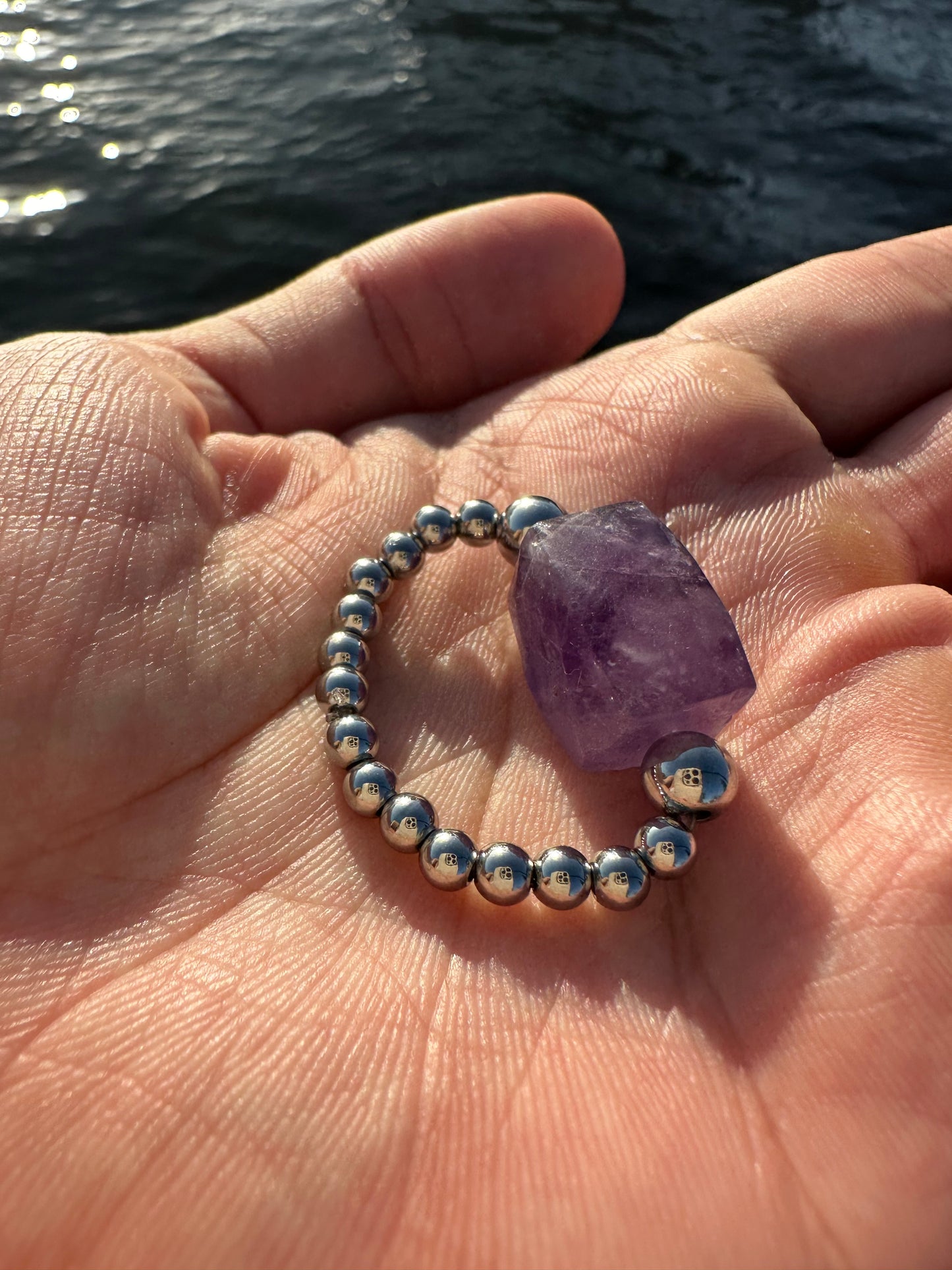 Luxury Amethyst Treasure Design (Lighter Amethyst) With Silver Steel Comfortable Magic Stretch Ring - World's Best Quality & Made To Last