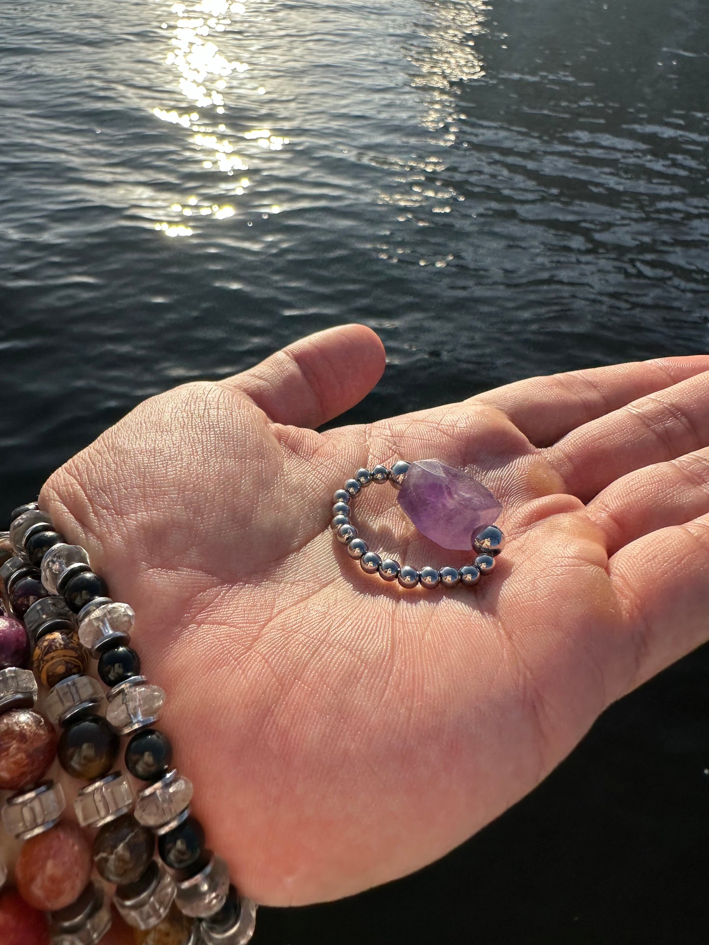 Luxury Amethyst Treasure Design (Lighter Amethyst) With Silver Steel Comfortable Magic Stretch Ring - World's Best Quality & Made To Last