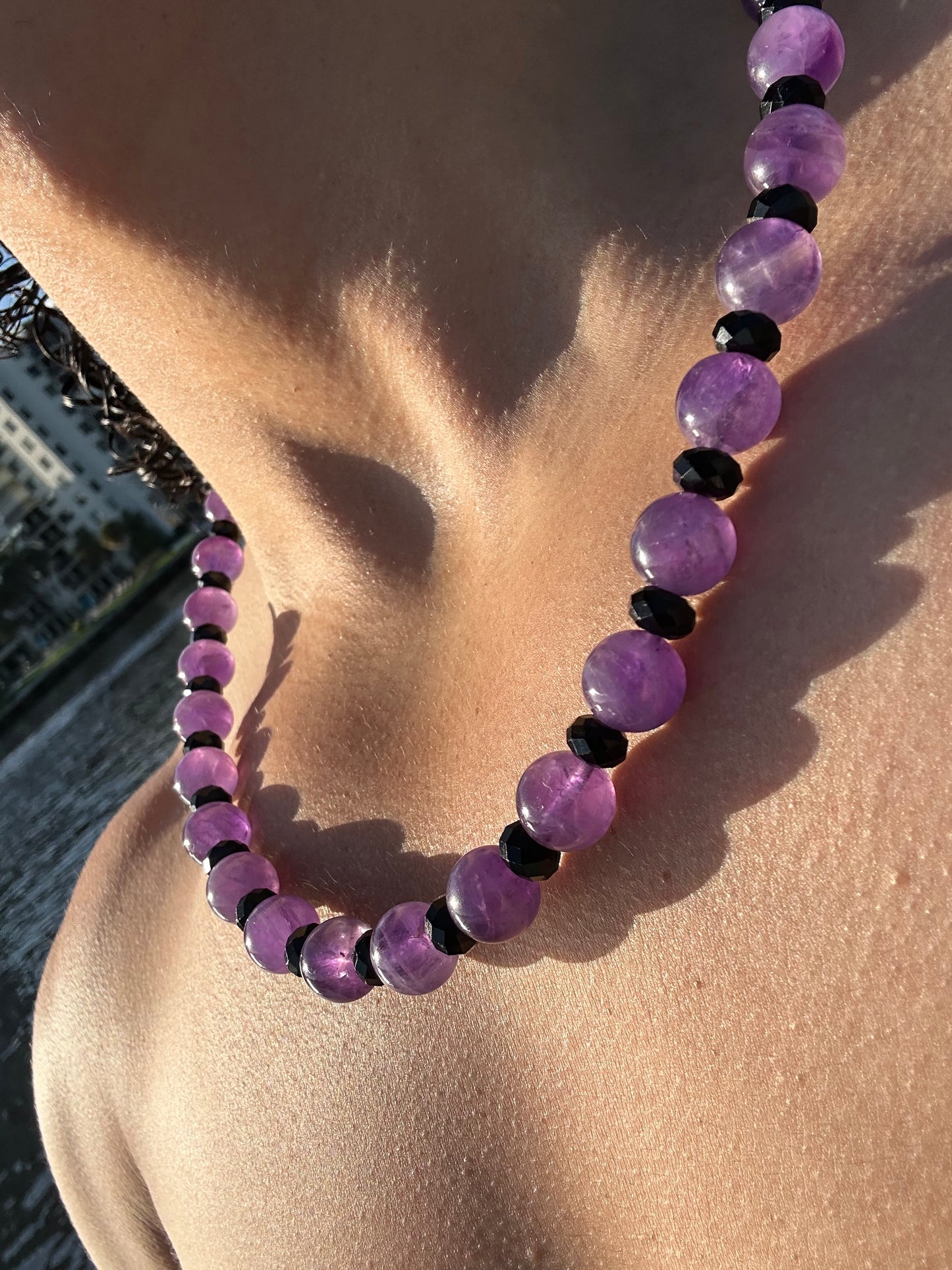 Luxury Amethyst & Black Tourmaline Design Necklace With Interlocking Steel Clasp - World's Best Quality & Made To Last