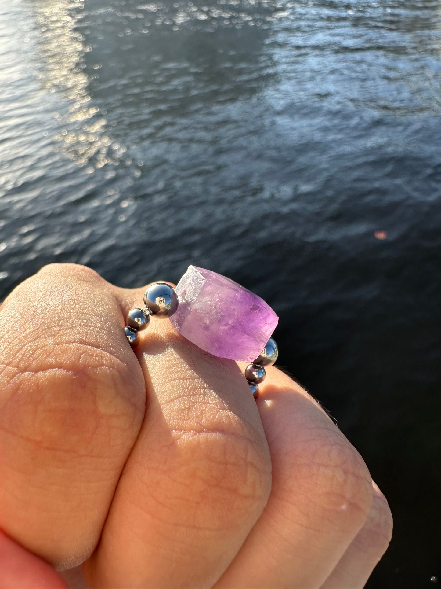 Luxury Amethyst Treasure Design (Lighter Amethyst) With Silver Steel Comfortable Magic Stretch Ring - World's Best Quality & Made To Last