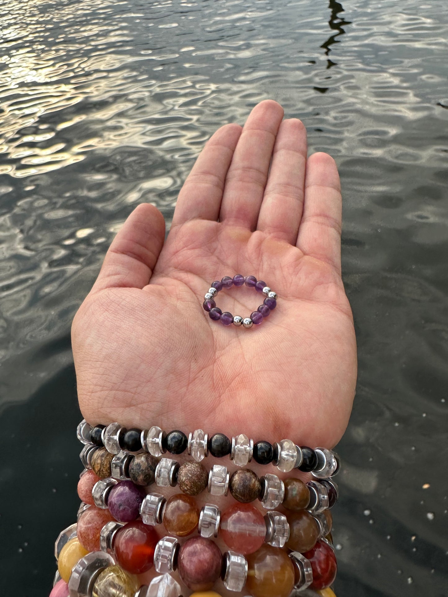Luxury Amethyst & Silver Steel Design 2 Comfortable Magic Stretch Ring - World's Best Quality & Made To Last