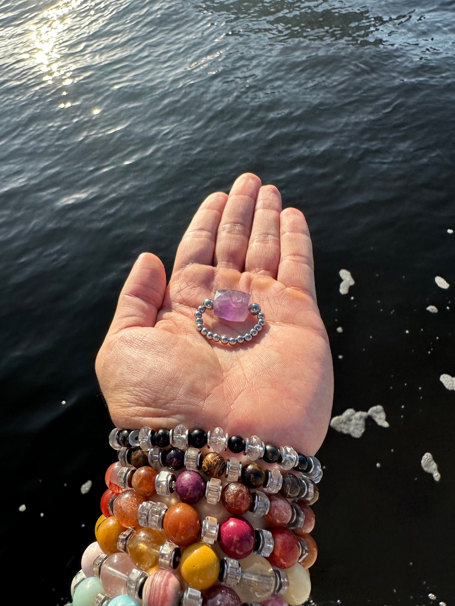 Luxury Amethyst Treasure Design (Lighter Amethyst) With Silver Steel Comfortable Magic Stretch Ring - World's Best Quality & Made To Last