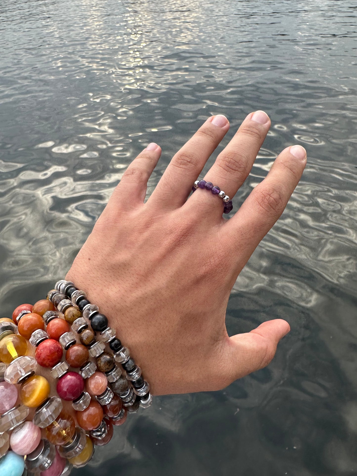 Luxury Amethyst & Silver Steel Design 2 Comfortable Magic Stretch Ring - World's Best Quality & Made To Last