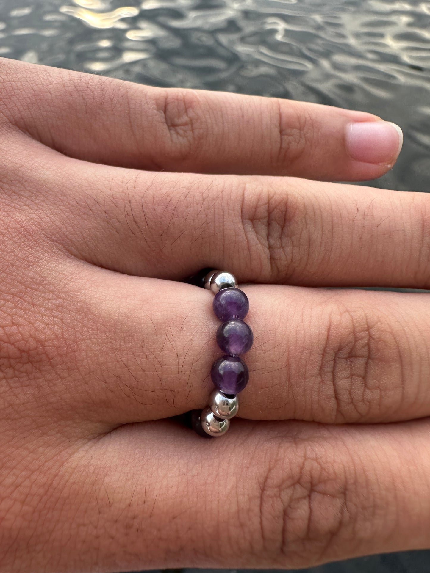 Luxury Amethyst & Silver Steel Design 2 Comfortable Magic Stretch Ring - World's Best Quality & Made To Last
