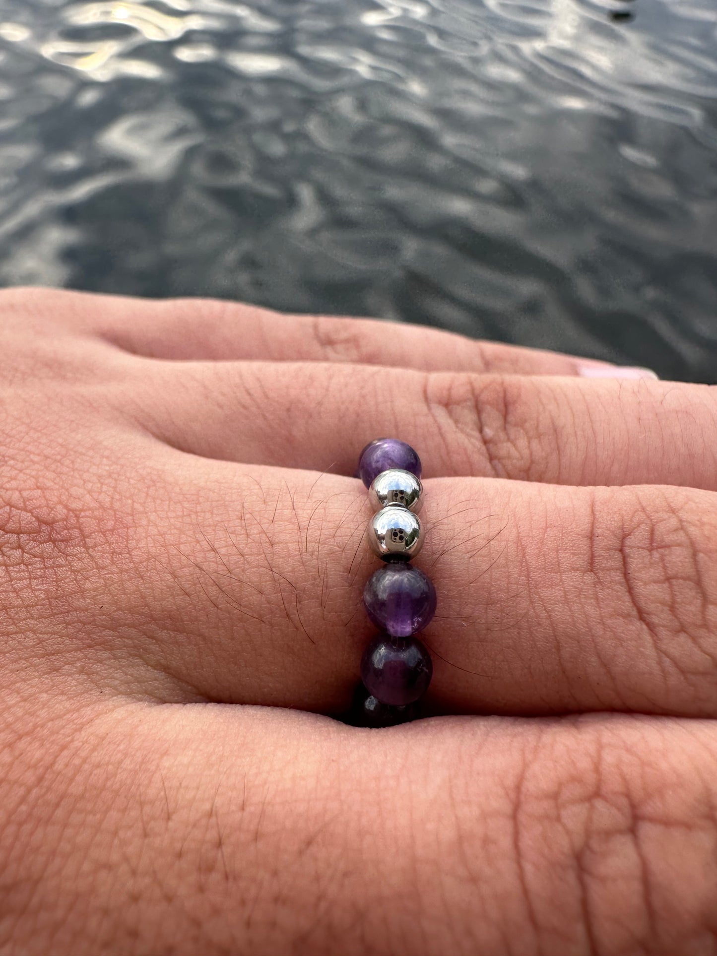 Luxury Amethyst & Silver Steel Design 2 Comfortable Magic Stretch Ring - World's Best Quality & Made To Last