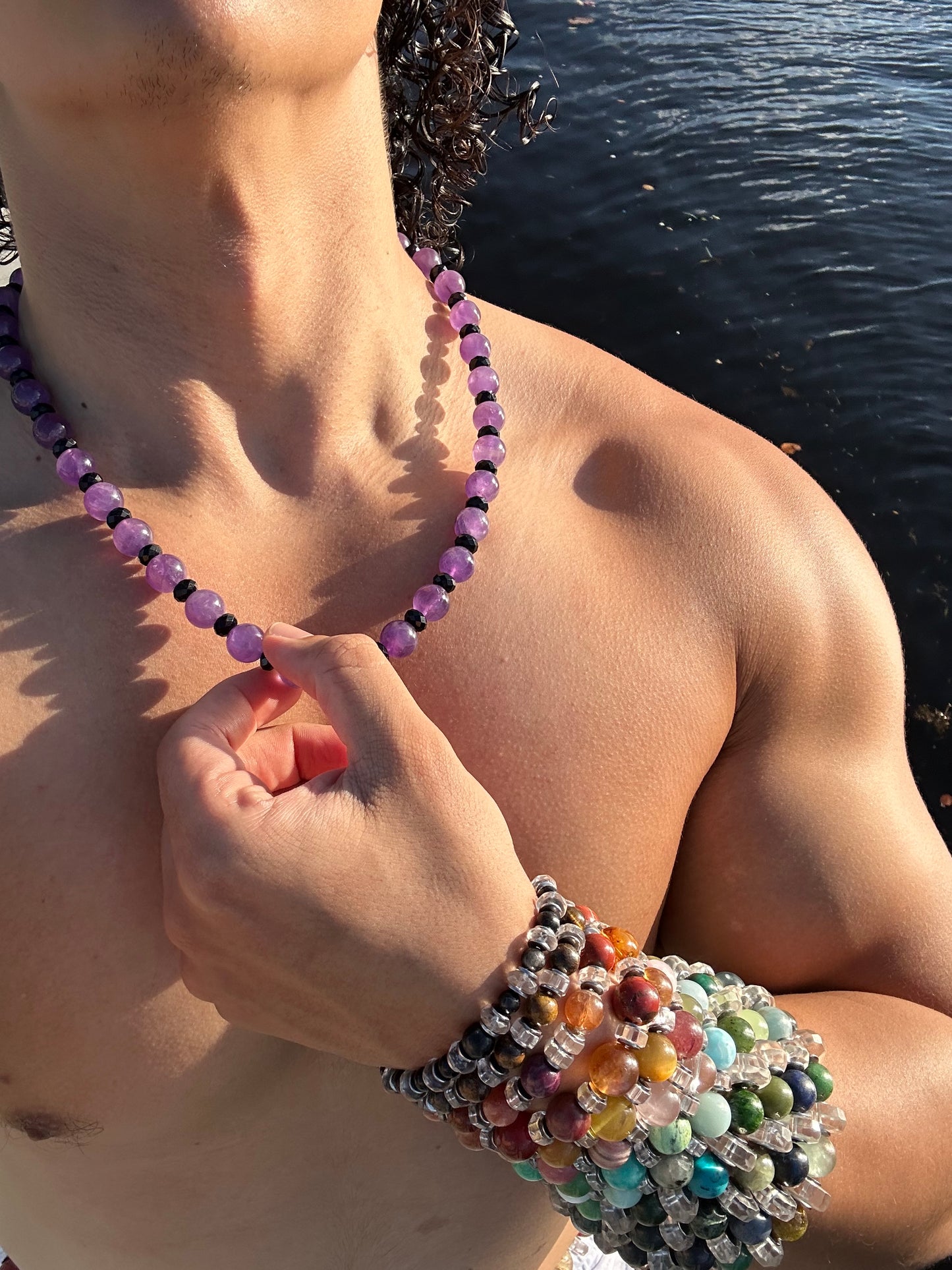 Luxury Amethyst & Black Tourmaline Design Necklace With Interlocking Steel Clasp - World's Best Quality & Made To Last