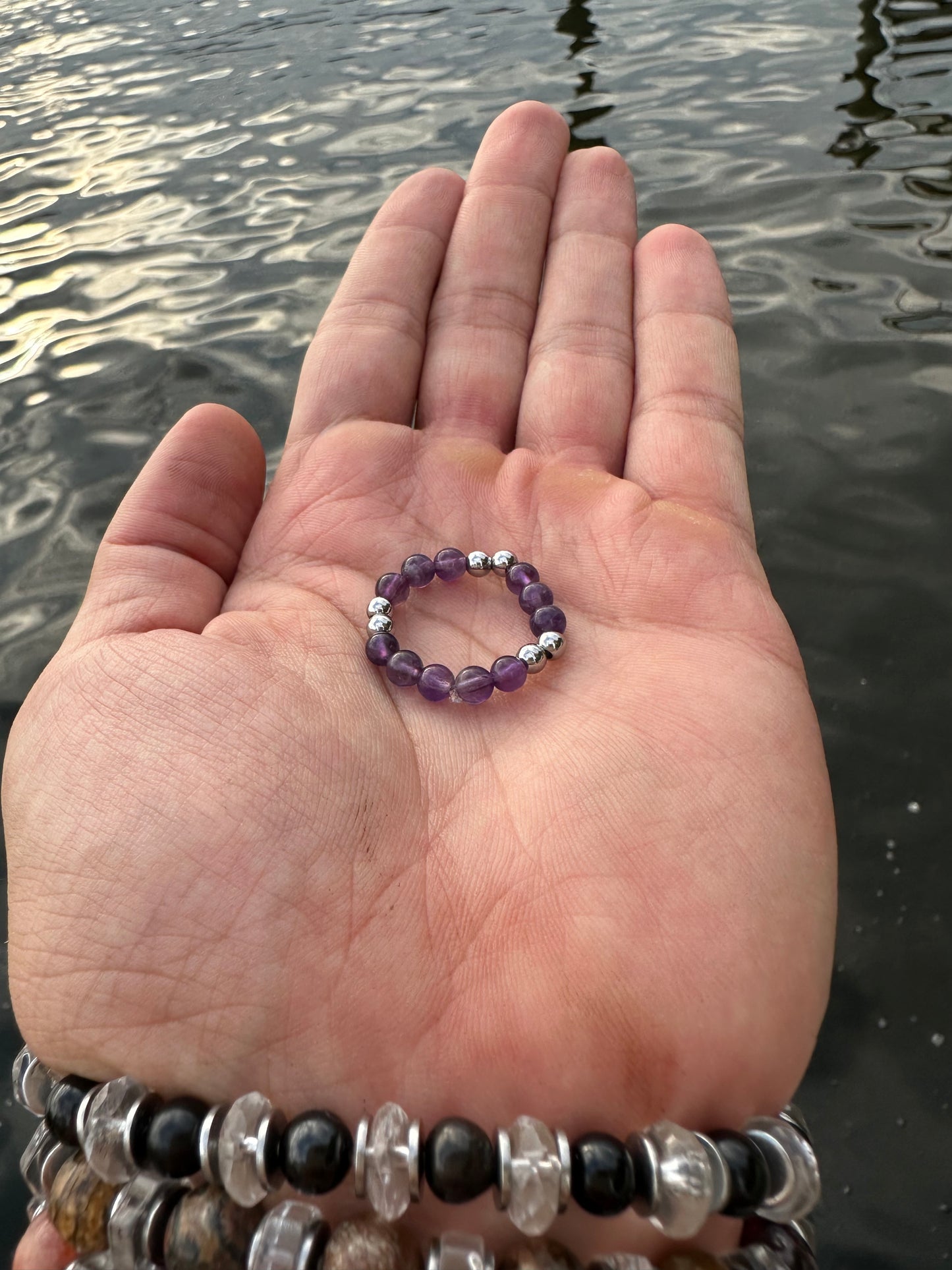 Luxury Amethyst & Silver Steel Design 2 Comfortable Magic Stretch Ring - World's Best Quality & Made To Last