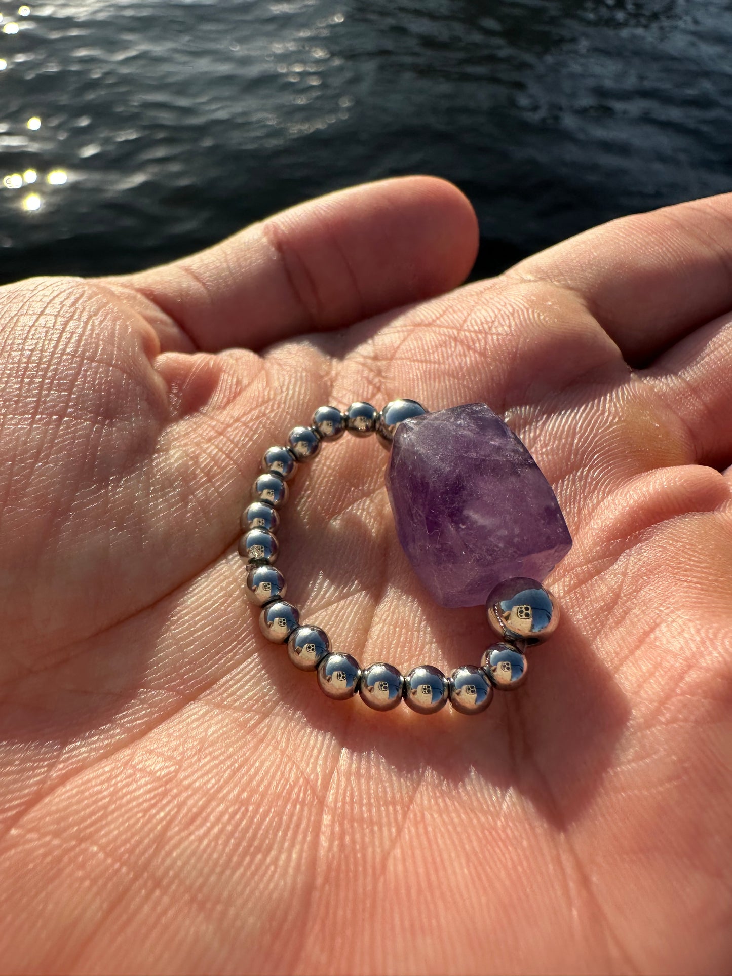Luxury Amethyst Treasure Design (Lighter Amethyst) With Silver Steel Comfortable Magic Stretch Ring - World's Best Quality & Made To Last