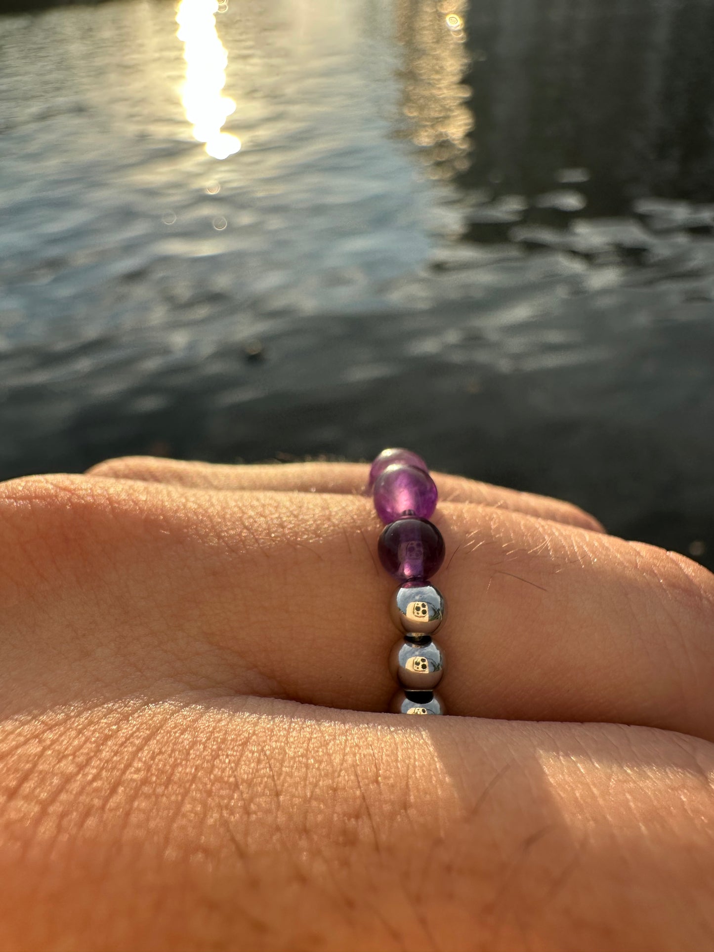 Luxury Amethyst & Silver Steel Design 3 Comfortable Magic Stretch Ring - World's Best Quality & Made To Last