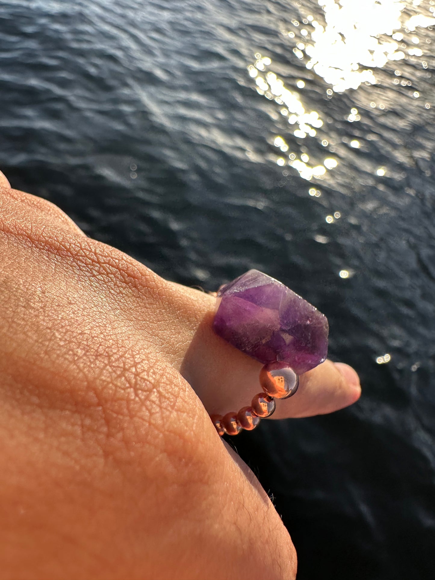 Luxury Amethyst With Copper Double Terminated Design With Comfortable Magic Stretch Ring - World's Best Quality & Made To Last