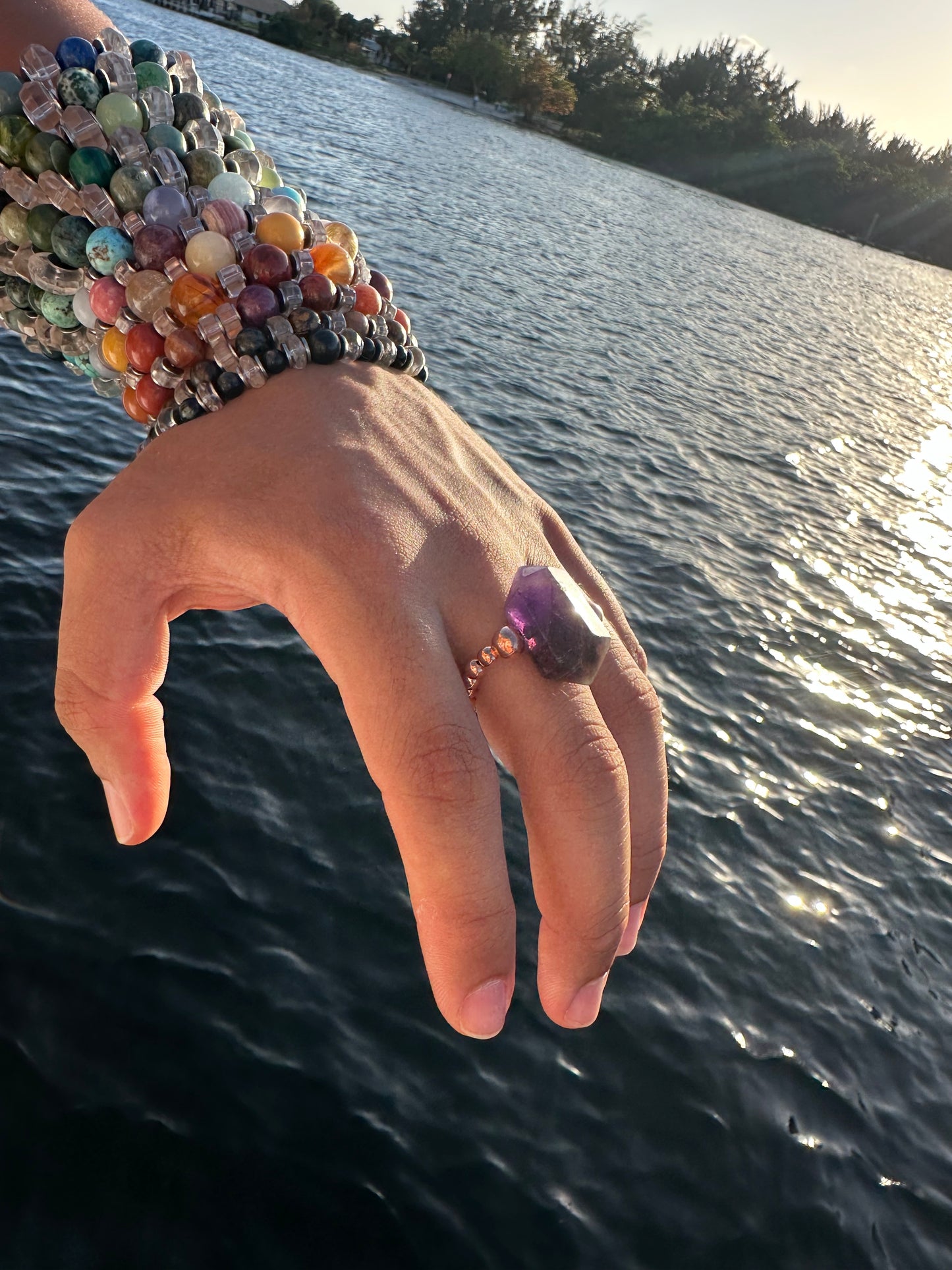 Luxury Amethyst With Copper Double Terminated Design With Comfortable Magic Stretch Ring - World's Best Quality & Made To Last