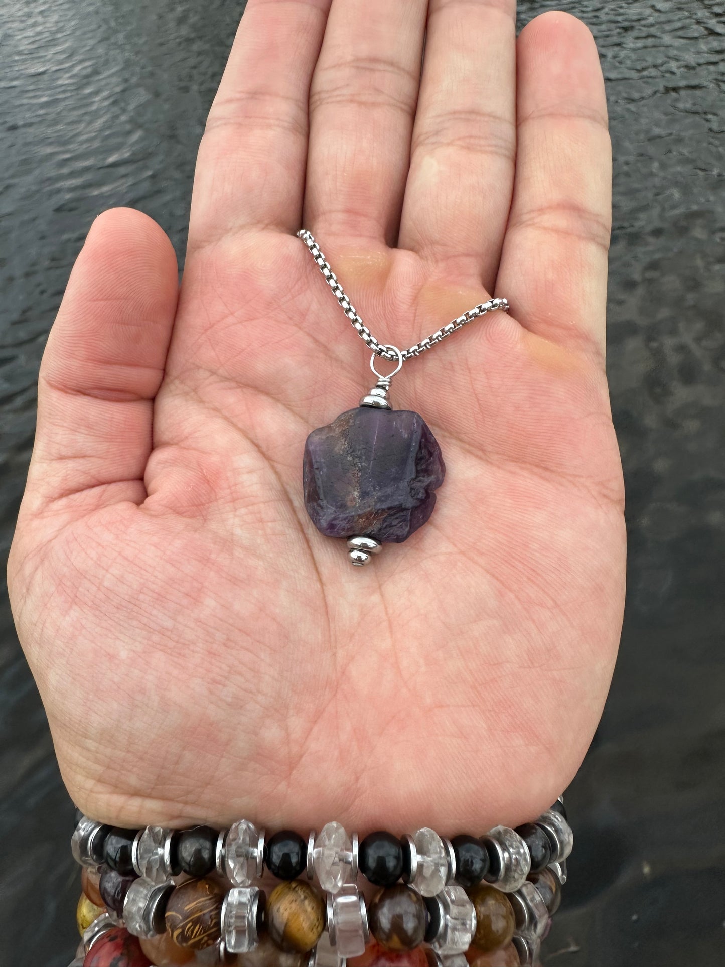 Luxury Amethyst Pendant Silver Steel Random Slab Design - World's Best Quality & Made To Last