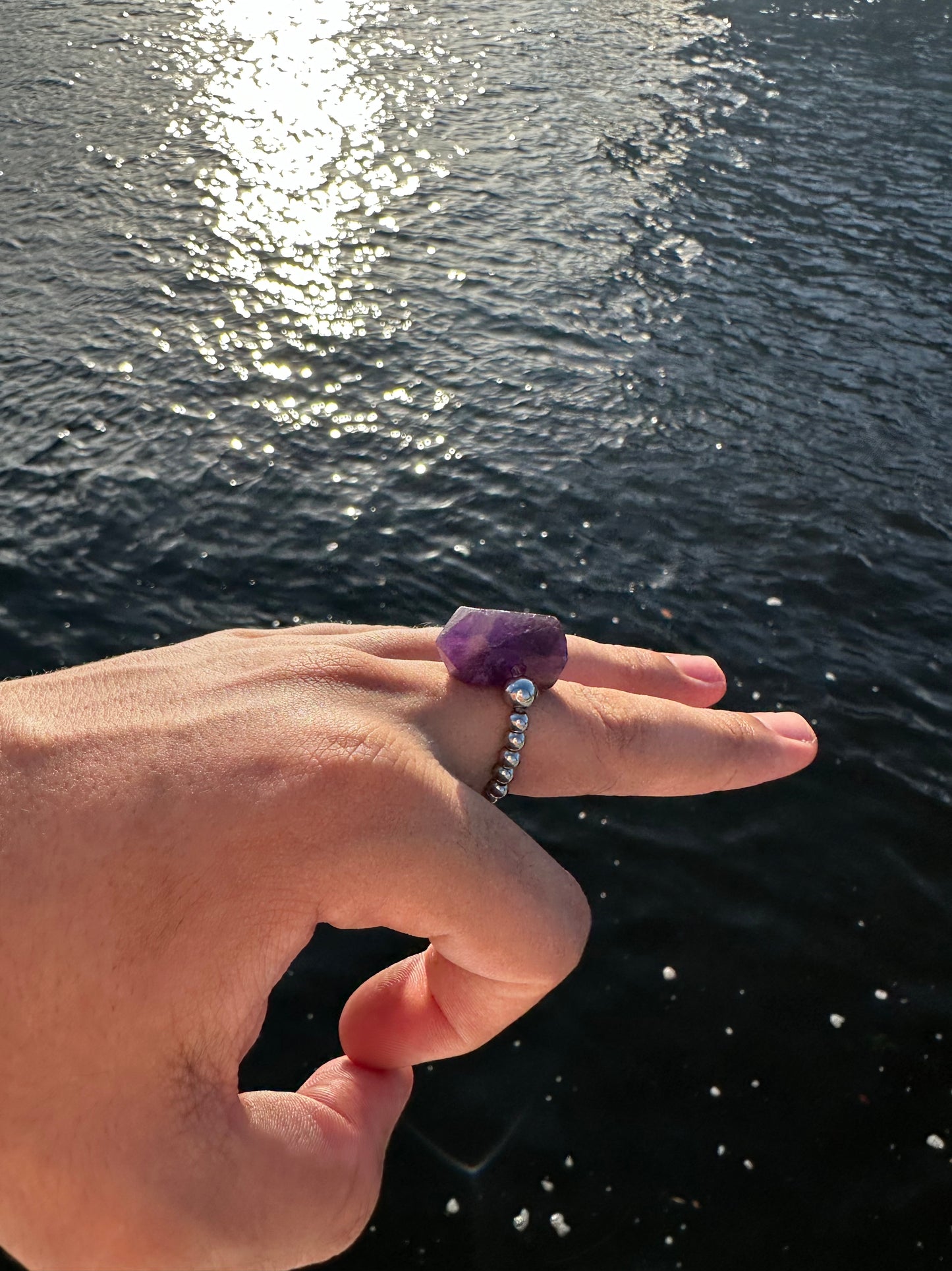 Luxury Amethyst Double Terminated Design With Silver Steel Comfortable Magic Stretch Ring - World's Best Quality & Made To Last