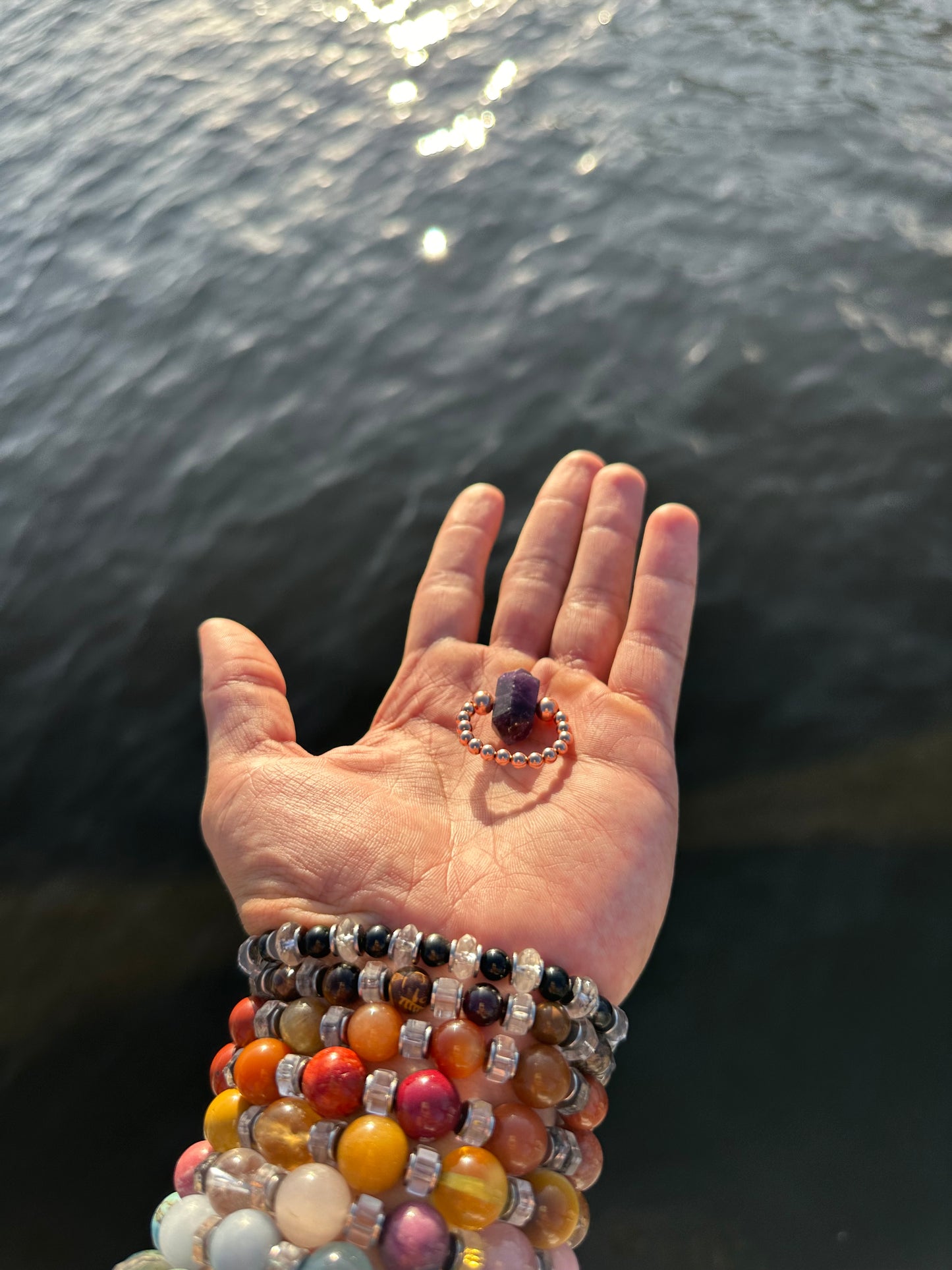 Luxury Amethyst With Copper Double Terminated Design With Comfortable Magic Stretch Ring - World's Best Quality & Made To Last