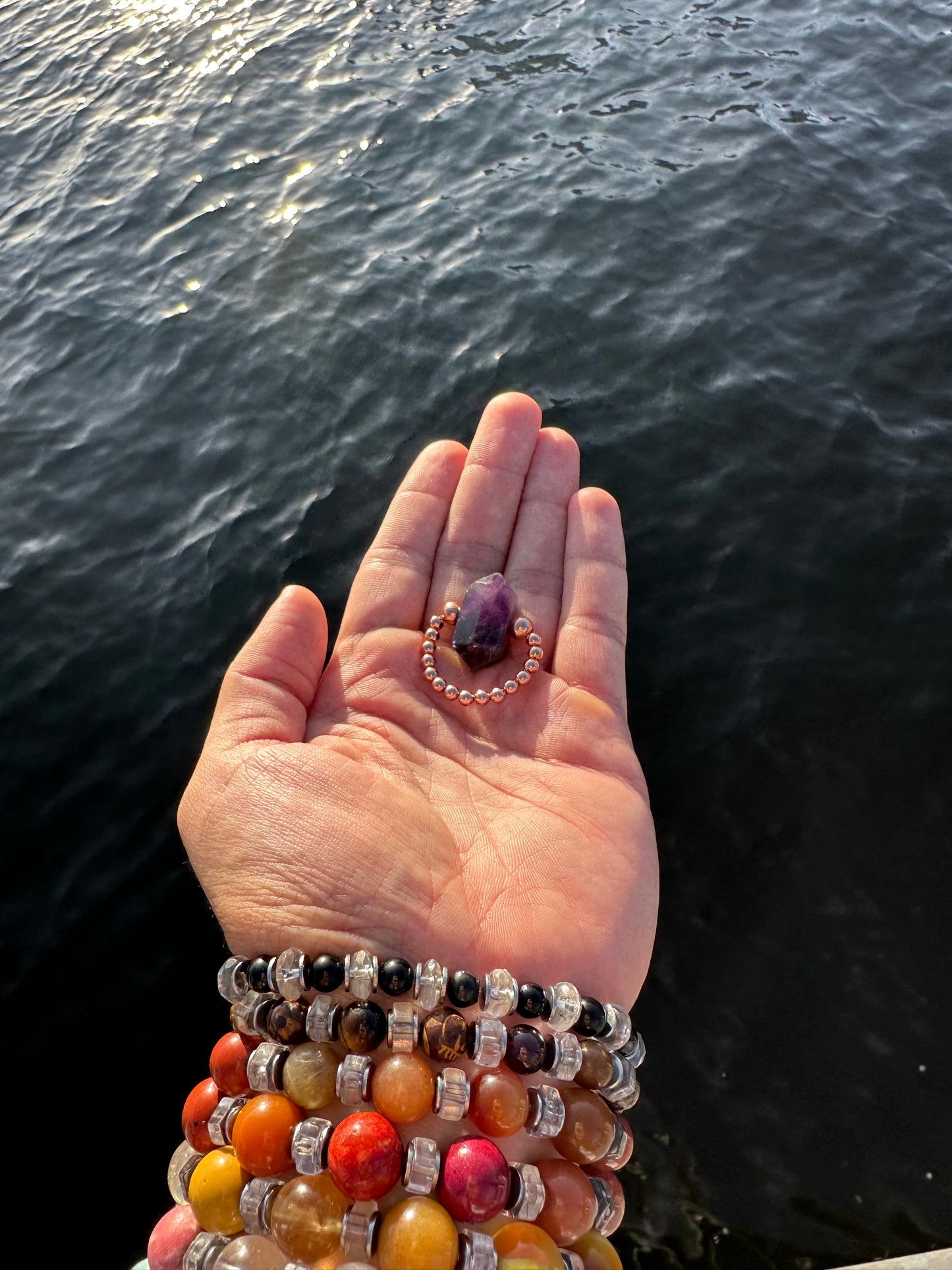 Luxury Amethyst With Copper Double Terminated Design With Comfortable Magic Stretch Ring - World's Best Quality & Made To Last