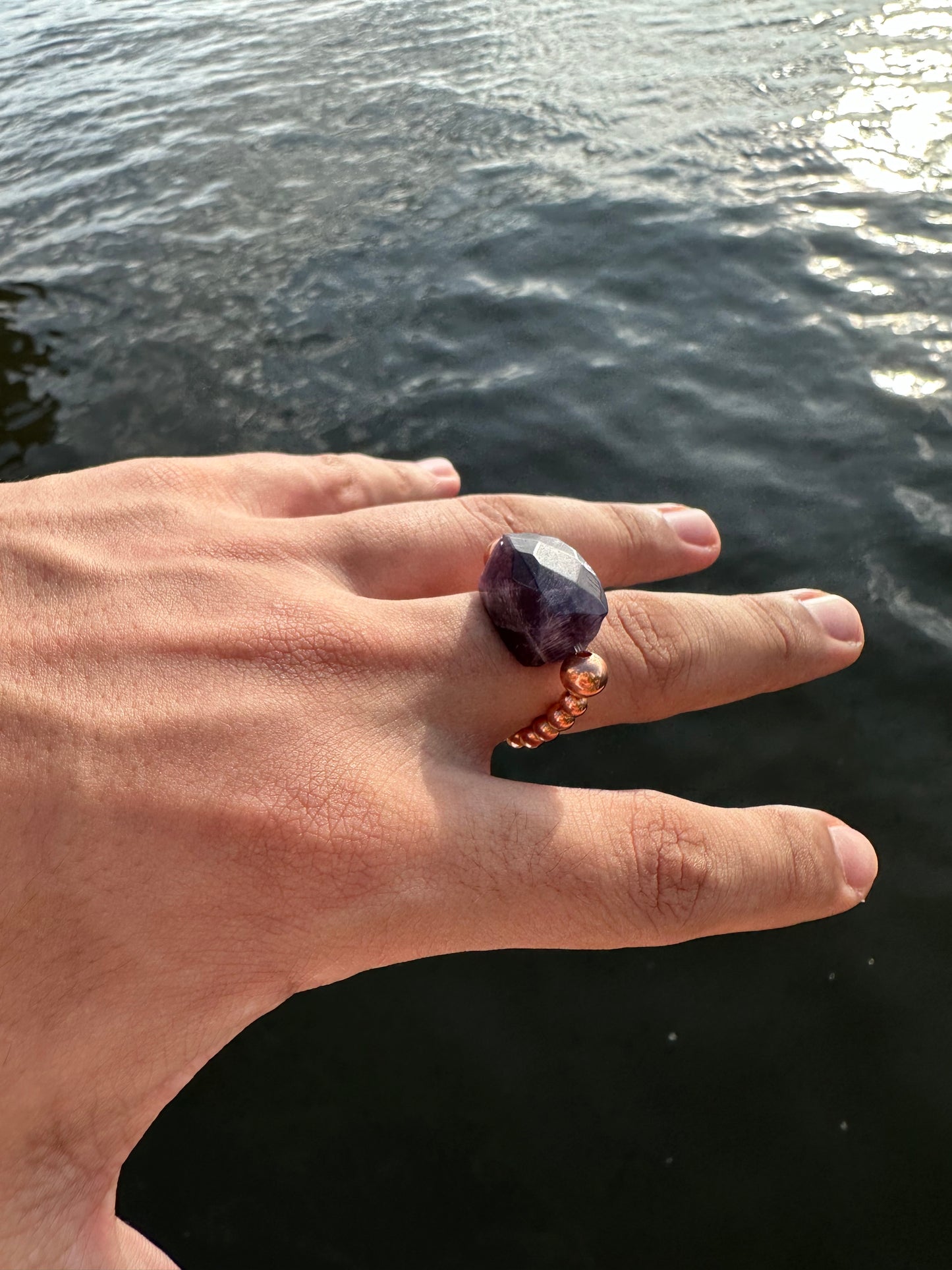 Luxury Amethyst With Copper Treasure Design (Darker Amethyst) Comfortable Magic Stretch Ring - World's Best Quality & Made To Last