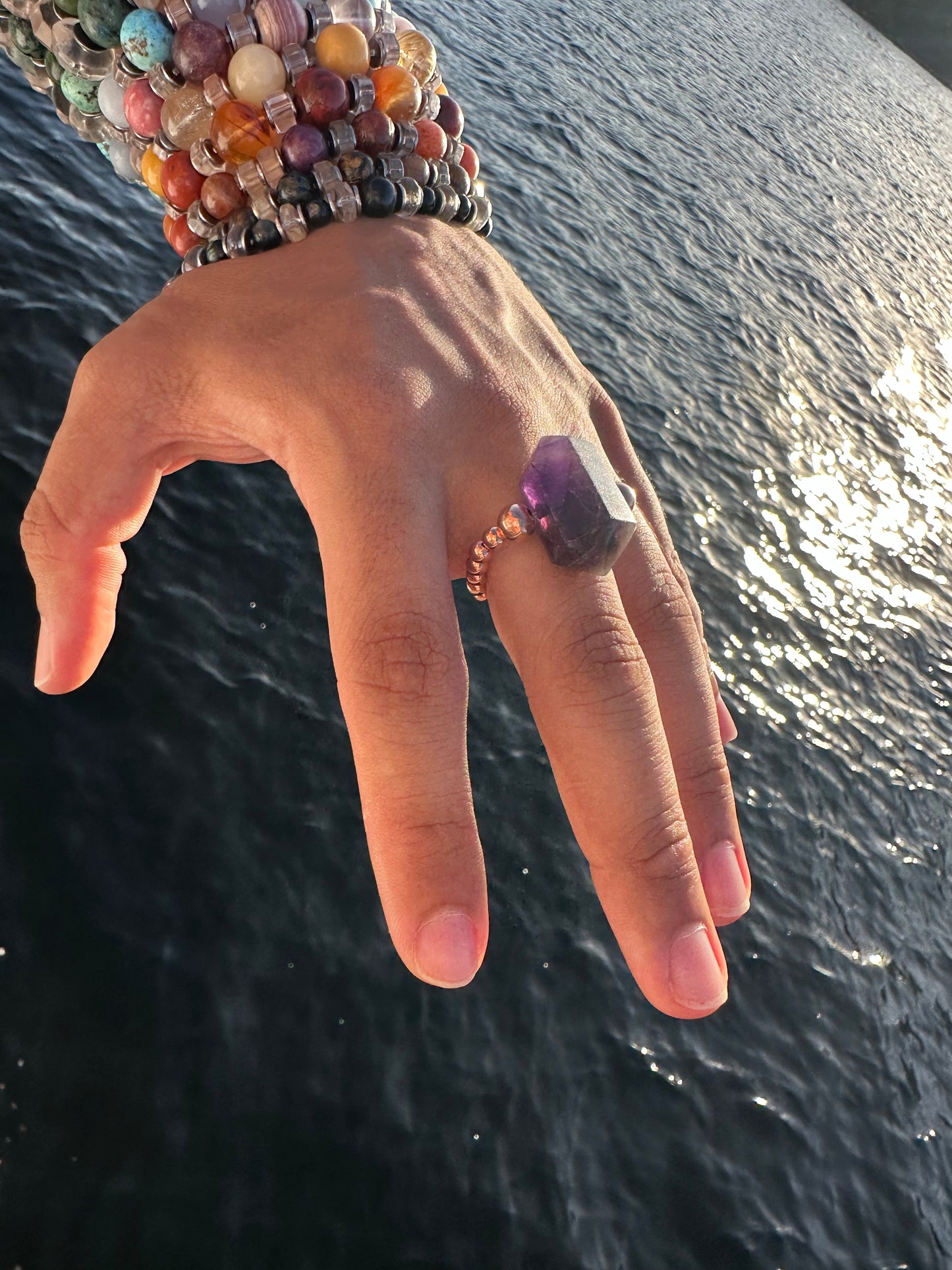 Luxury Amethyst With Copper Double Terminated Design With Comfortable Magic Stretch Ring - World's Best Quality & Made To Last