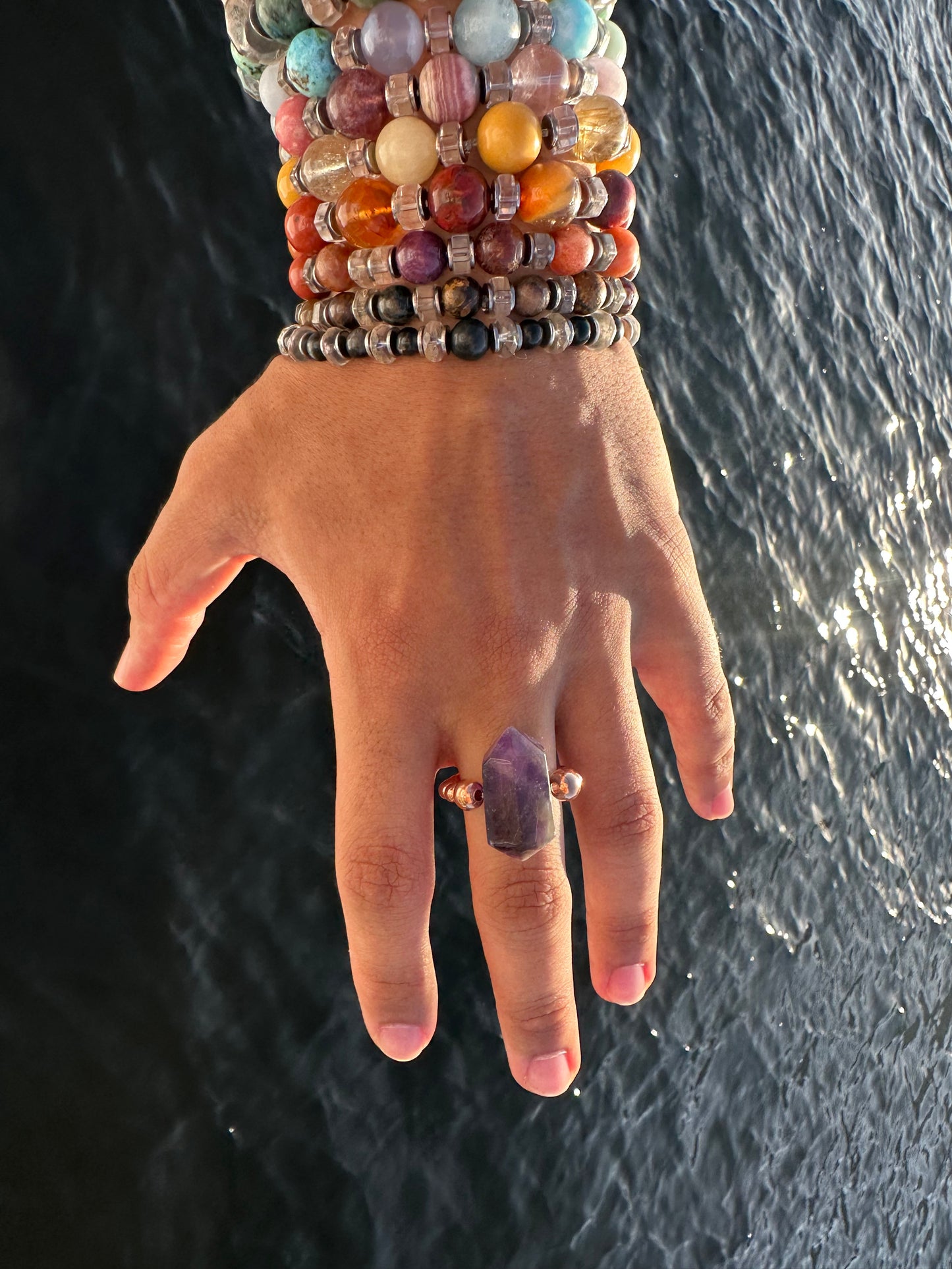 Luxury Amethyst With Copper Double Terminated Design With Comfortable Magic Stretch Ring - World's Best Quality & Made To Last