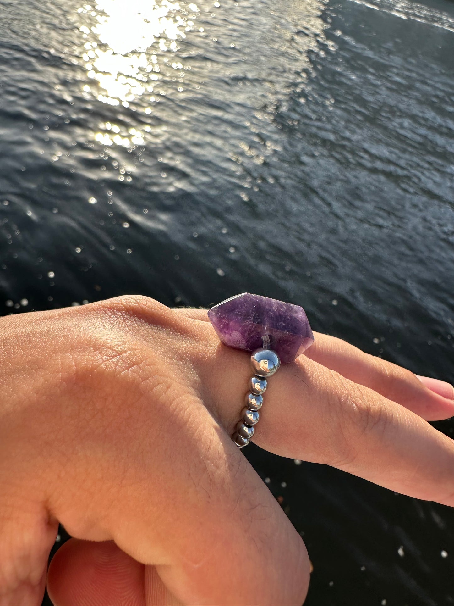 Luxury Amethyst Double Terminated Design With Silver Steel Comfortable Magic Stretch Ring - World's Best Quality & Made To Last