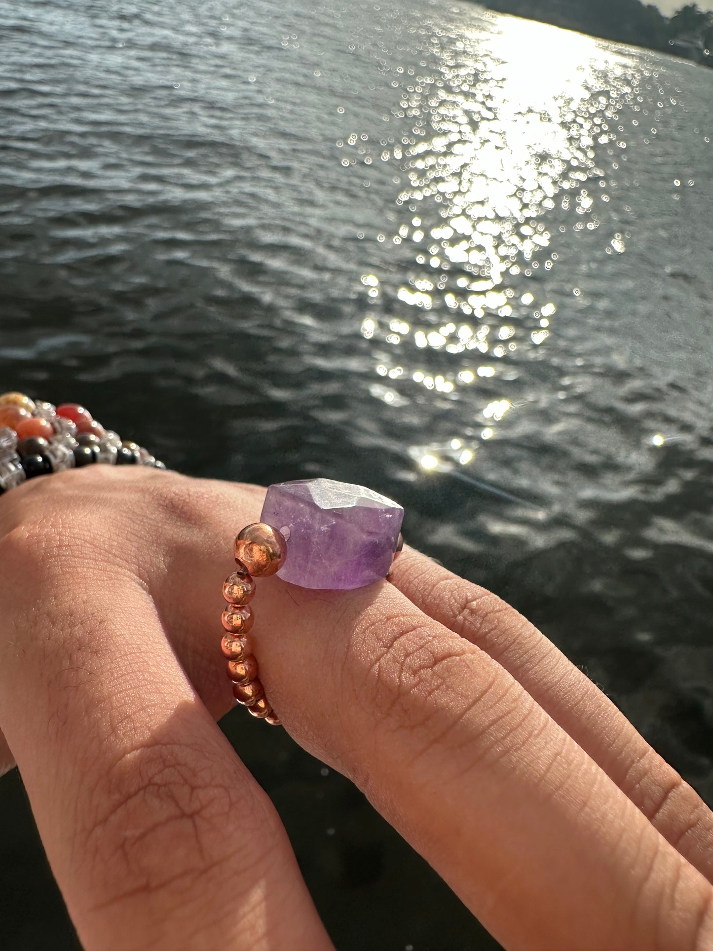 Luxury Amethyst With Copper Treasure Design (Lighter Amethyst) Comfortable Magic Stretch Ring - World's Best Quality & Made To Last