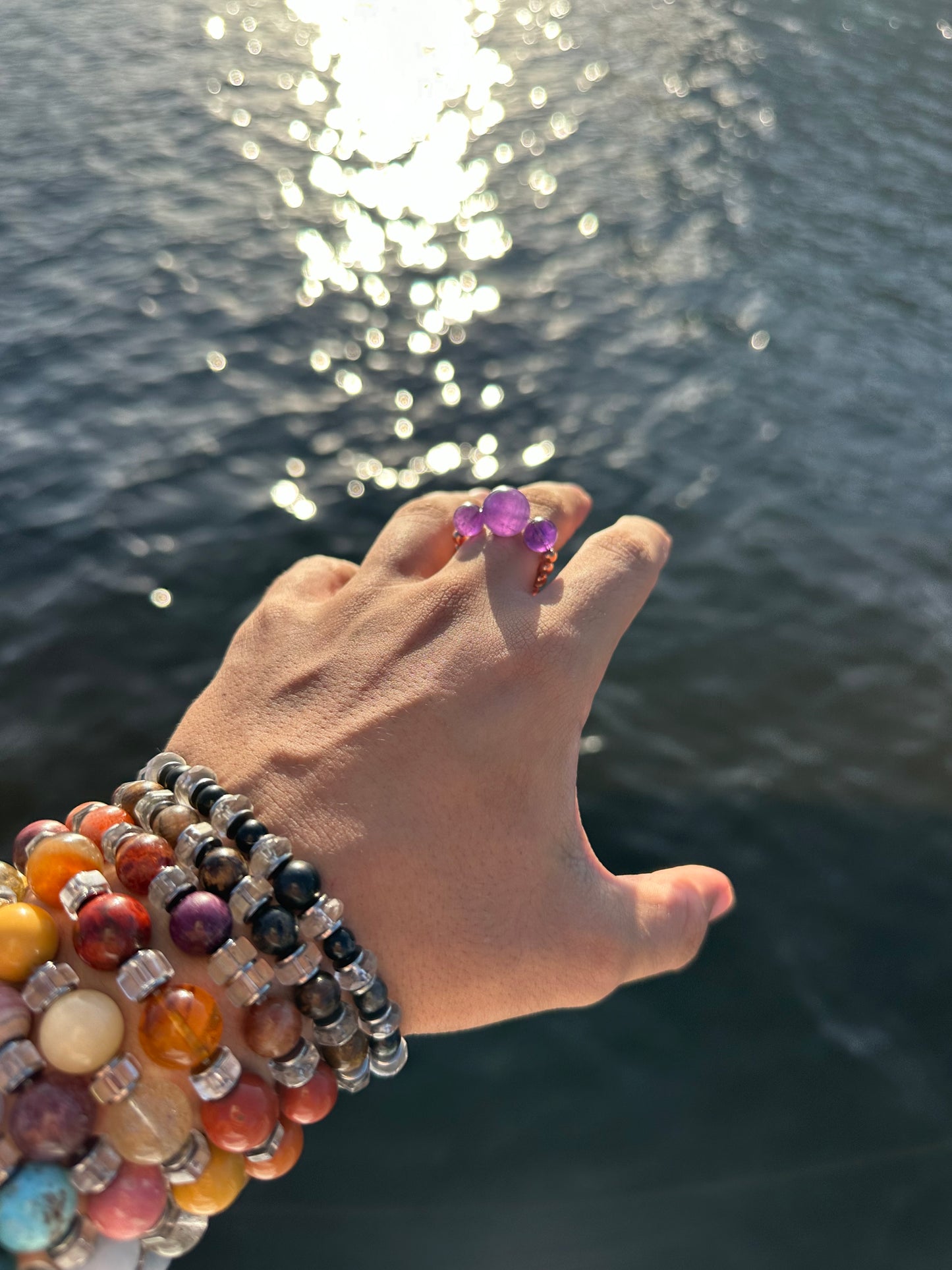 Luxury Amethyst With Copper Orb Design Comfortable Magic Stretch Ring - World's Best Quality & Made To Last