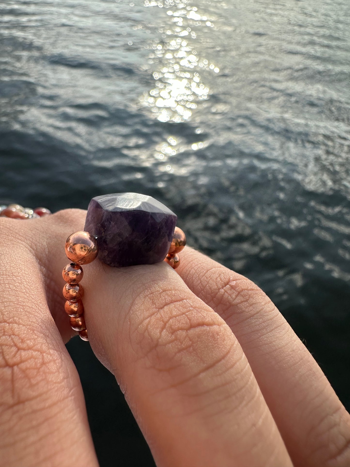 Luxury Amethyst With Copper Treasure Design (Darker Amethyst) Comfortable Magic Stretch Ring - World's Best Quality & Made To Last