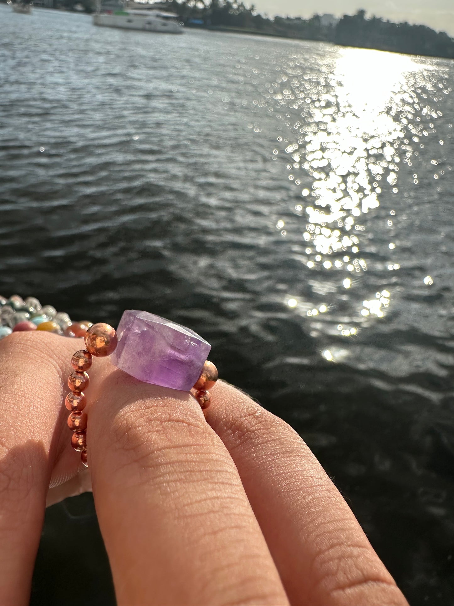 Luxury Amethyst With Copper Treasure Design (Lighter Amethyst) Comfortable Magic Stretch Ring - World's Best Quality & Made To Last