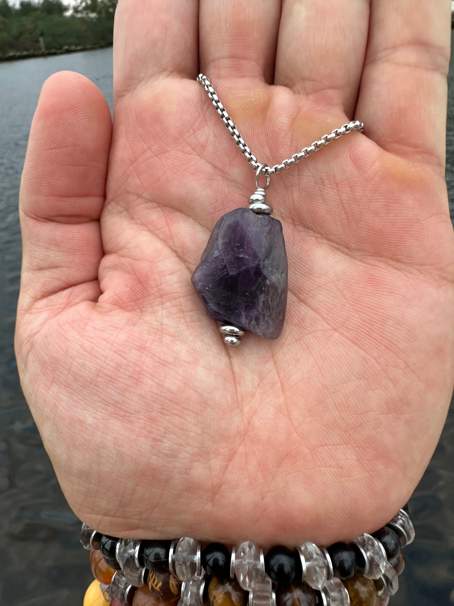 Luxury Amethyst Pendant Silver Steel Random Slab Design - World's Best Quality & Made To Last