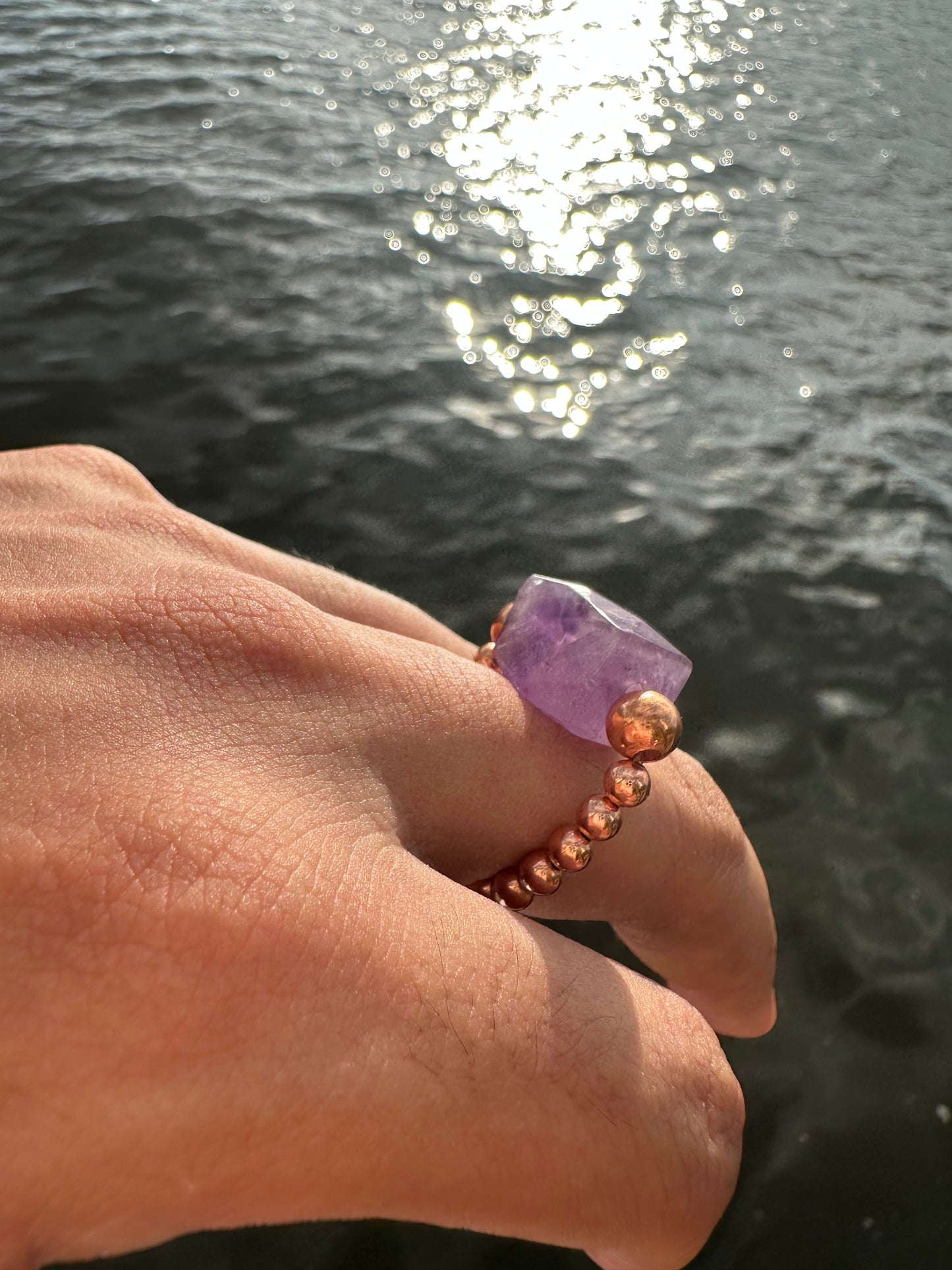 Luxury Amethyst With Copper Treasure Design (Lighter Amethyst) Comfortable Magic Stretch Ring - World's Best Quality & Made To Last