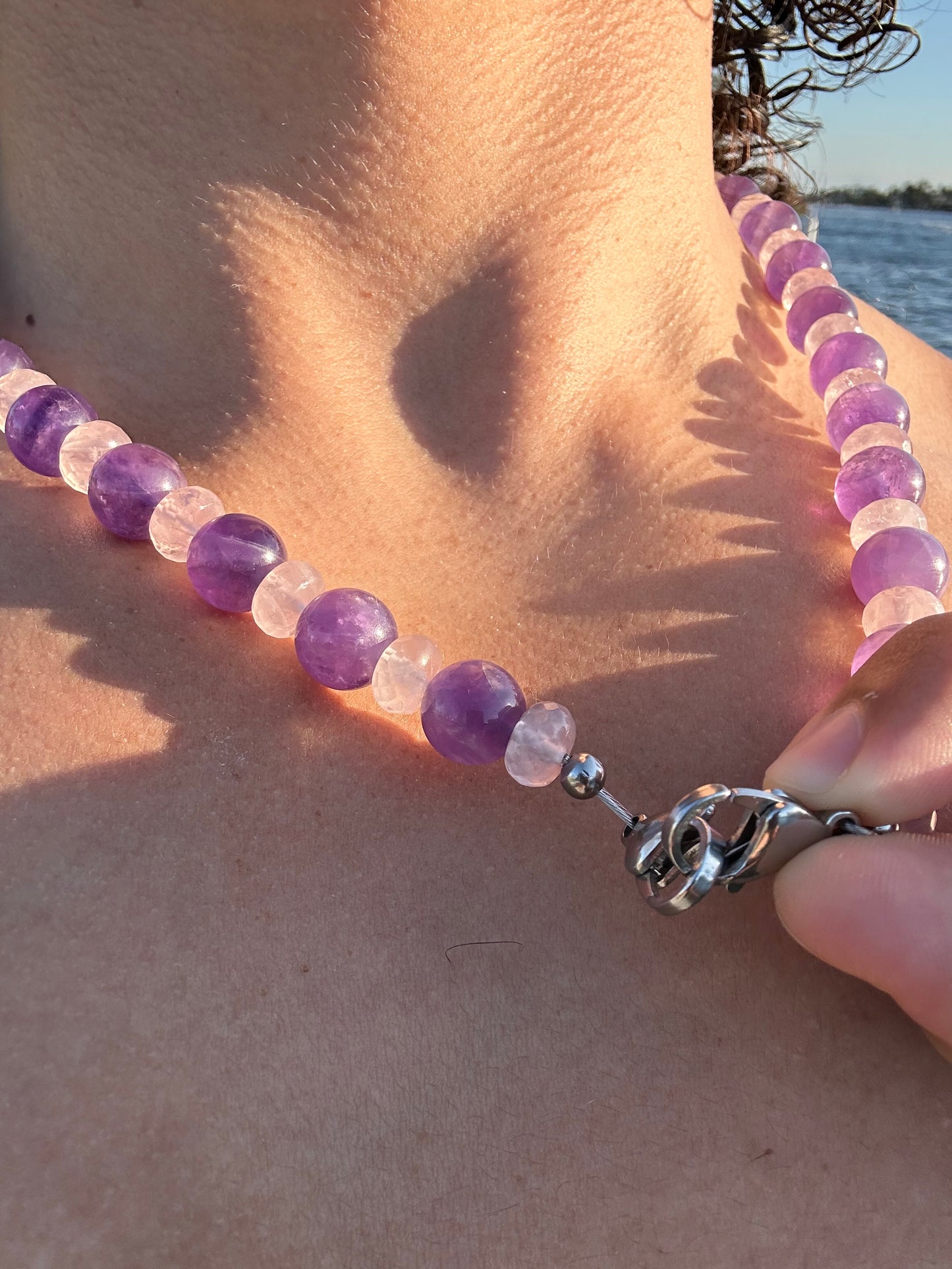 Luxury Amethyst & Rose Quartz Design Necklace With Interlocking Steel Clasp - World's Best Quality & Made To Last