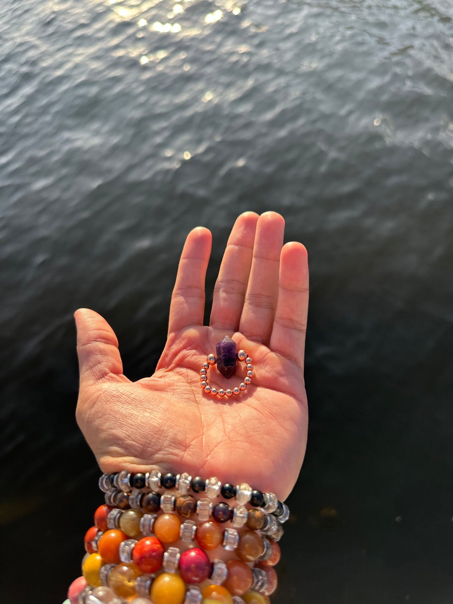 Luxury Amethyst With Copper Double Terminated Design With Comfortable Magic Stretch Ring - World's Best Quality & Made To Last