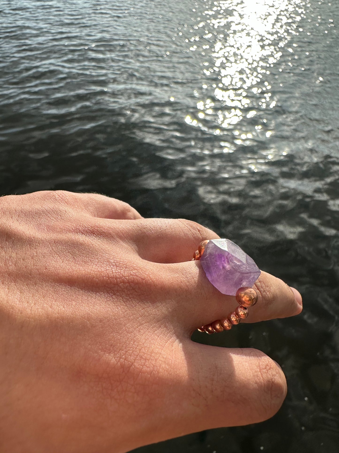 Luxury Amethyst With Copper Treasure Design (Lighter Amethyst) Comfortable Magic Stretch Ring - World's Best Quality & Made To Last