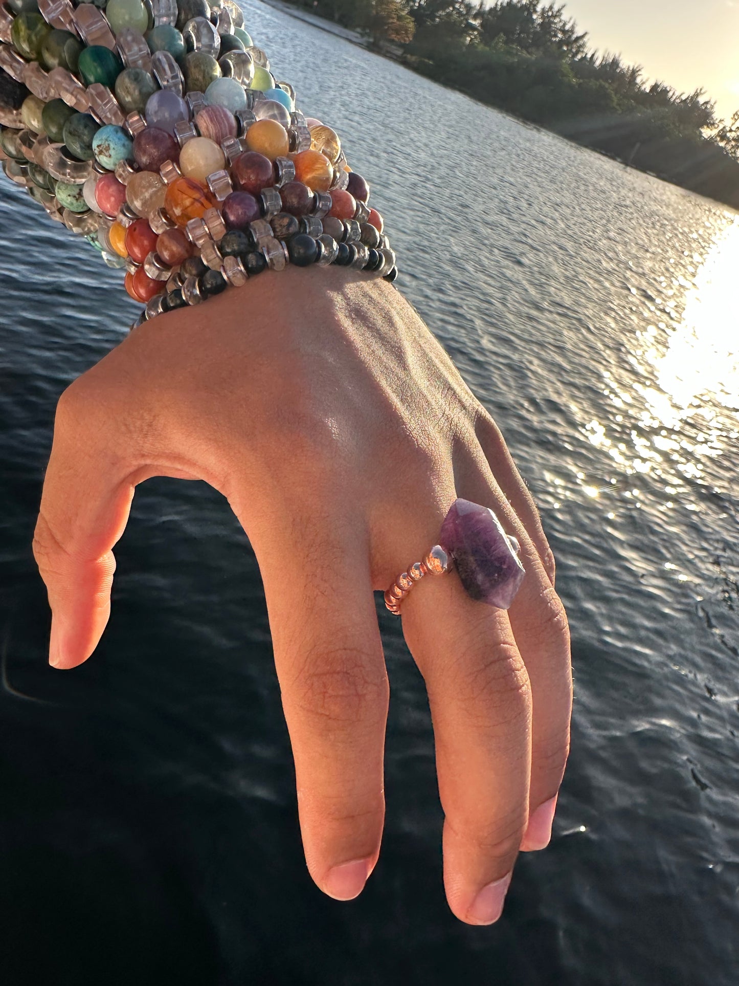 Luxury Amethyst With Copper Double Terminated Design With Comfortable Magic Stretch Ring - World's Best Quality & Made To Last