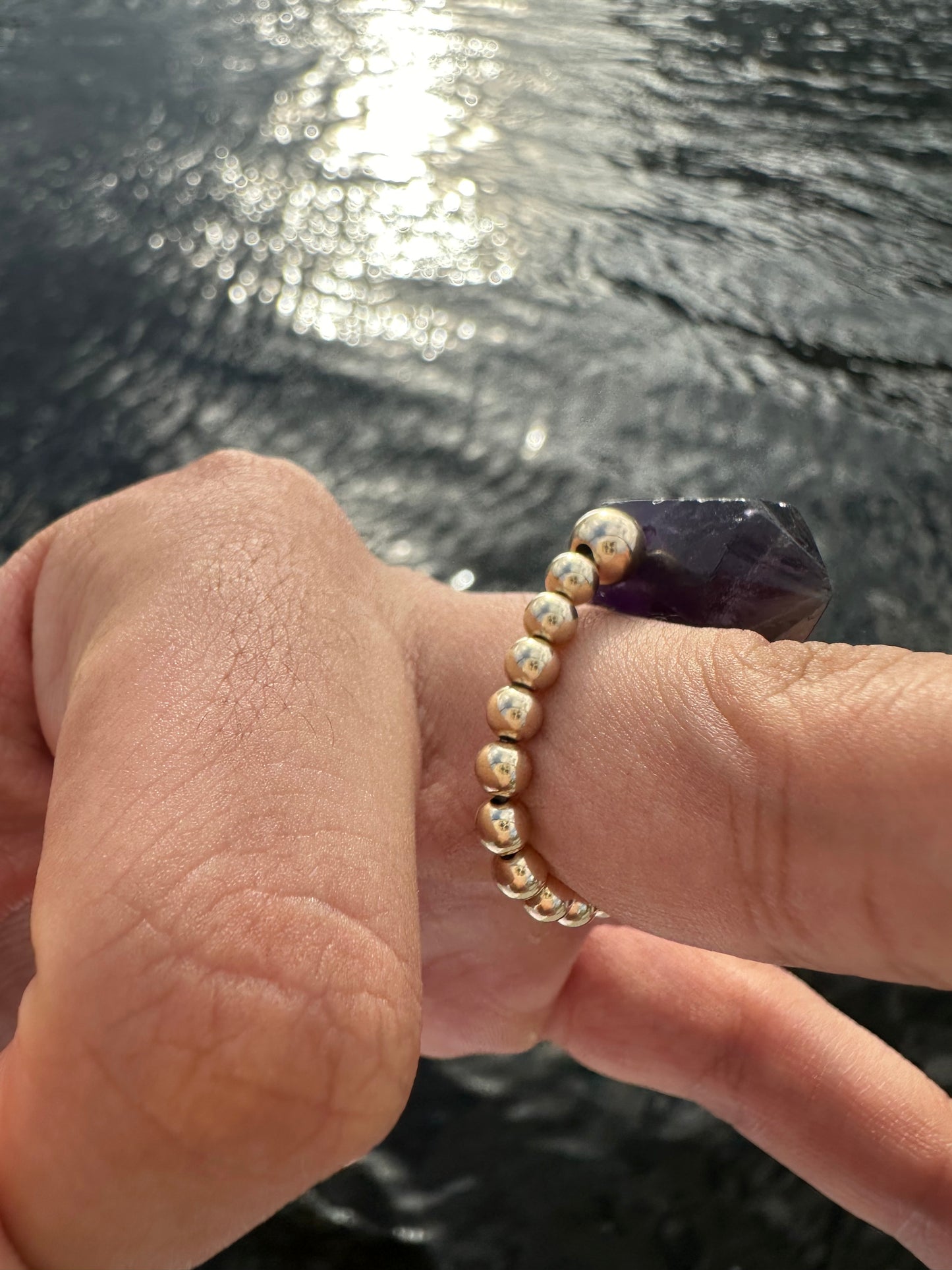 14k Solid Gold Luxury Amethyst Double Terminated Design With Comfortable Magic Stretch Ring - World's Best Quality & Made To Last