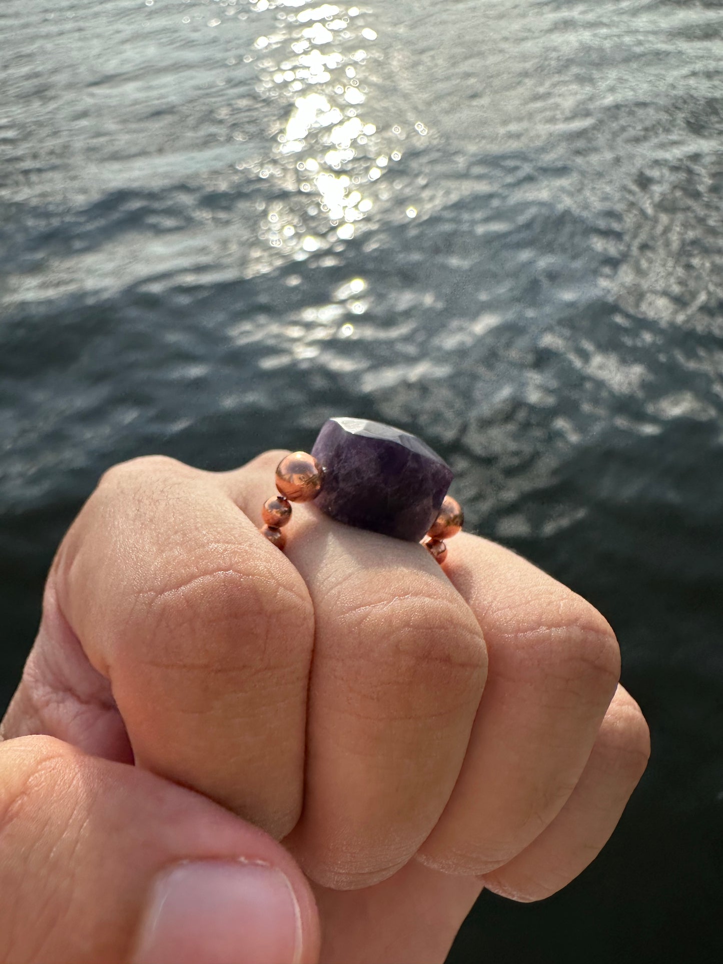 Luxury Amethyst With Copper Treasure Design (Darker Amethyst) Comfortable Magic Stretch Ring - World's Best Quality & Made To Last