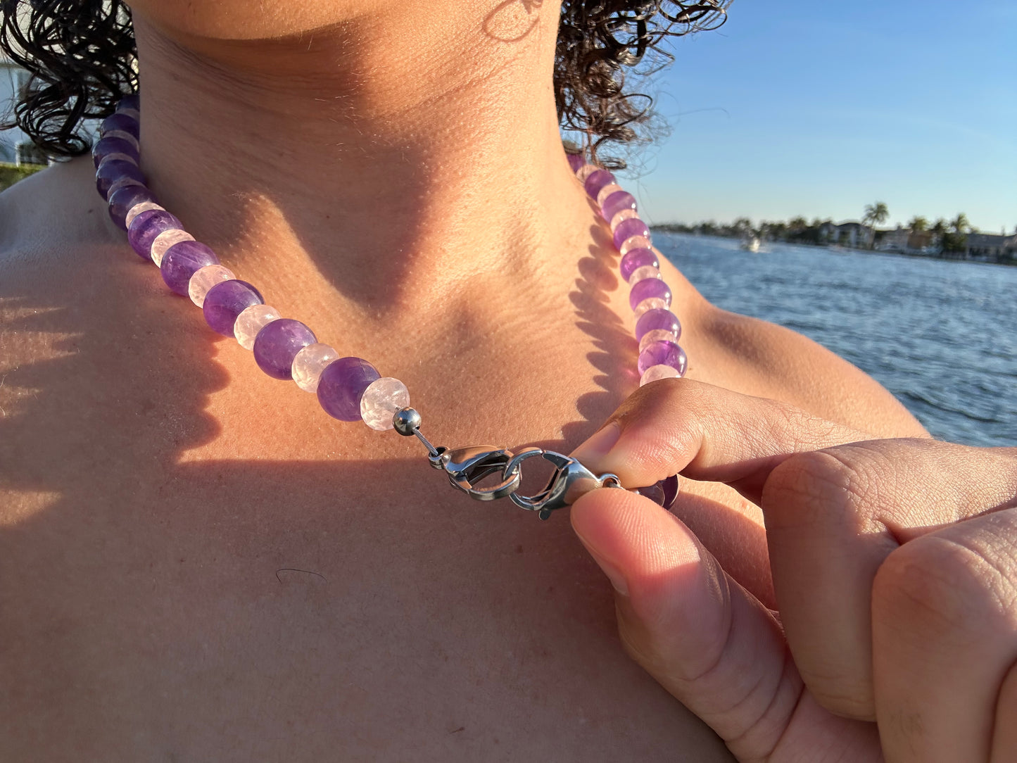 Luxury Amethyst & Rose Quartz Design Necklace With Interlocking Steel Clasp - World's Best Quality & Made To Last