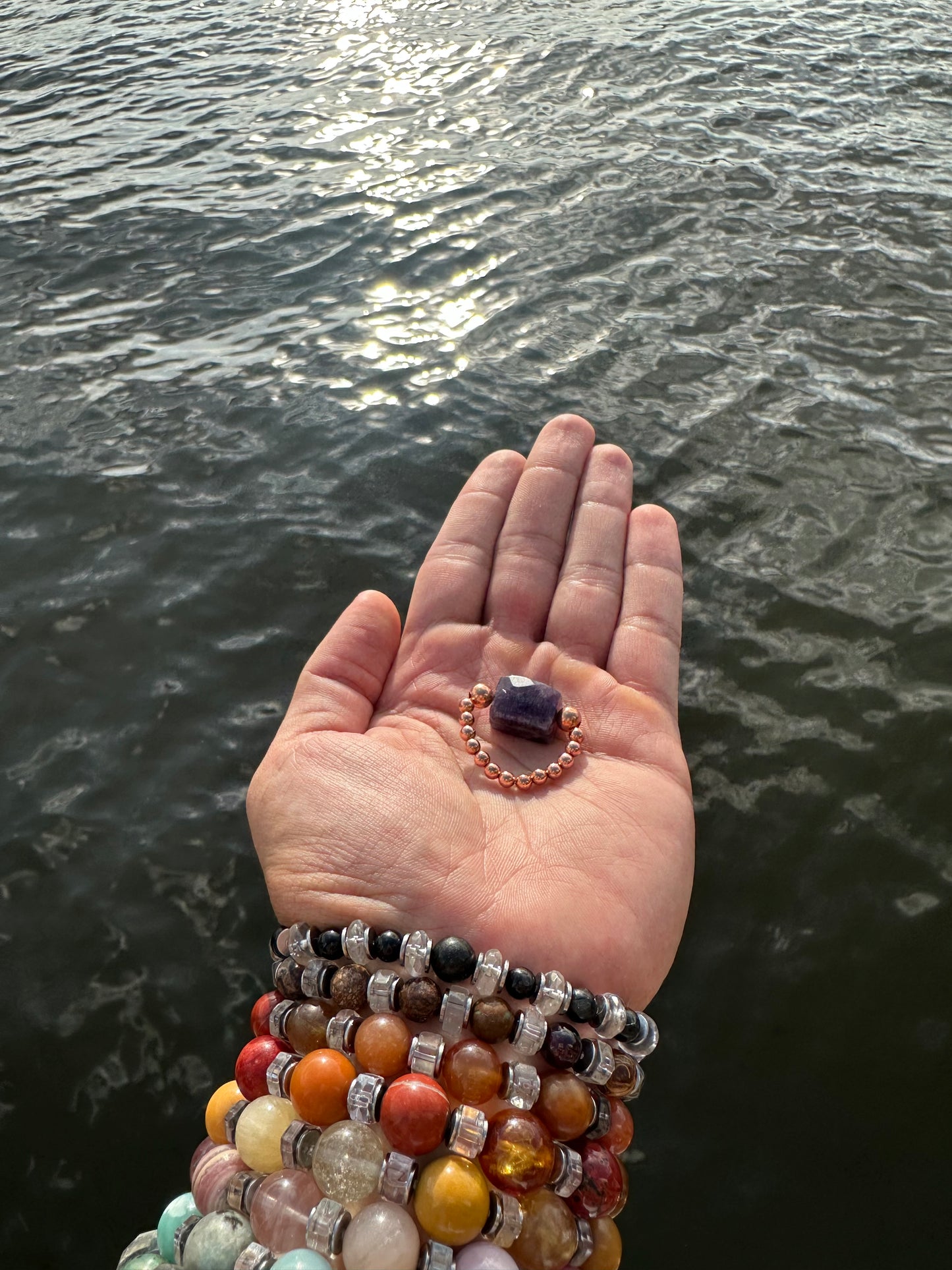 Luxury Amethyst With Copper Treasure Design (Darker Amethyst) Comfortable Magic Stretch Ring - World's Best Quality & Made To Last