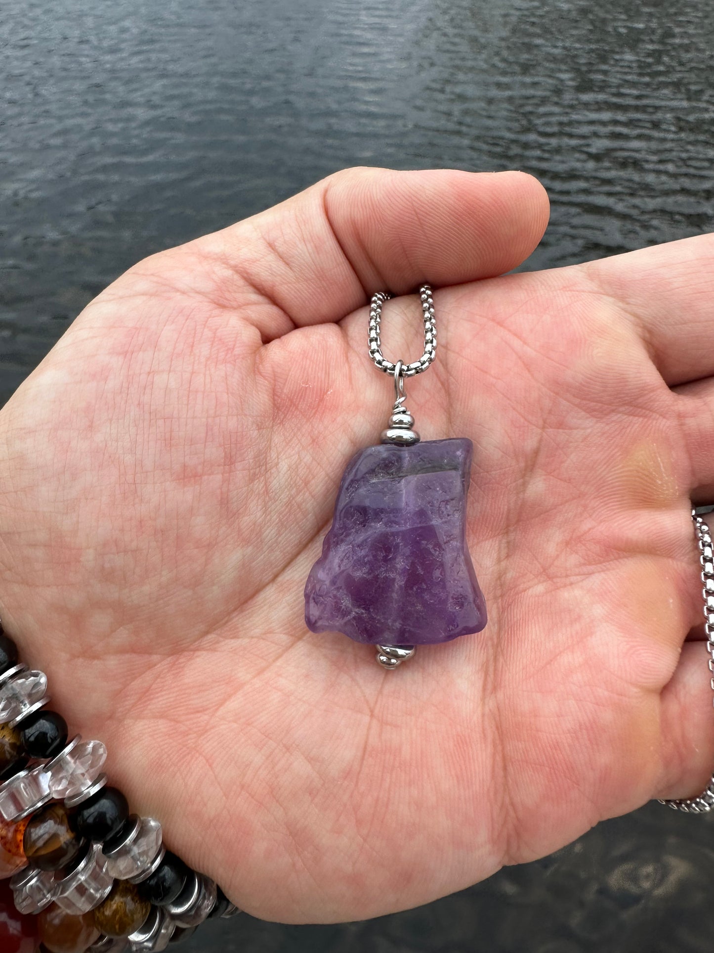 Luxury Amethyst Pendant Silver Steel Random Slab Design - World's Best Quality & Made To Last