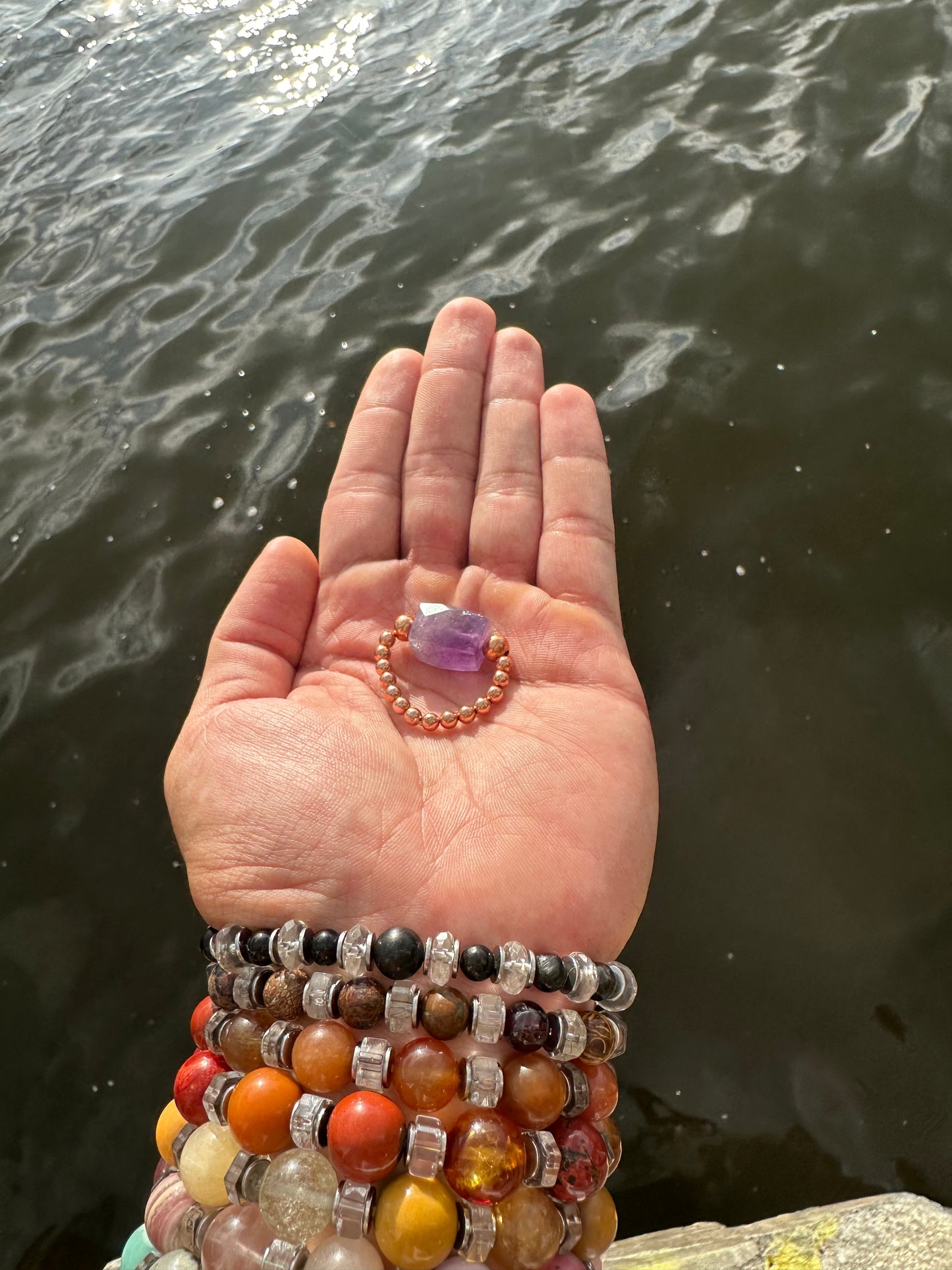 Luxury Amethyst With Copper Treasure Design (Lighter Amethyst) Comfortable Magic Stretch Ring - World's Best Quality & Made To Last