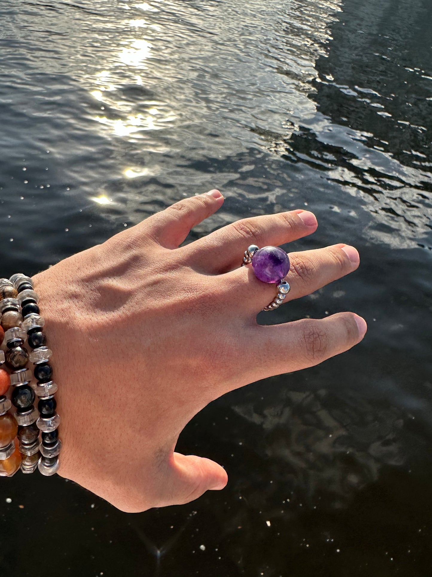 Luxury Amethyst Double Metatron’s Orb Design With Silver Steel Comfortable Magic Stretch Ring - World's Best Quality & Made To Last