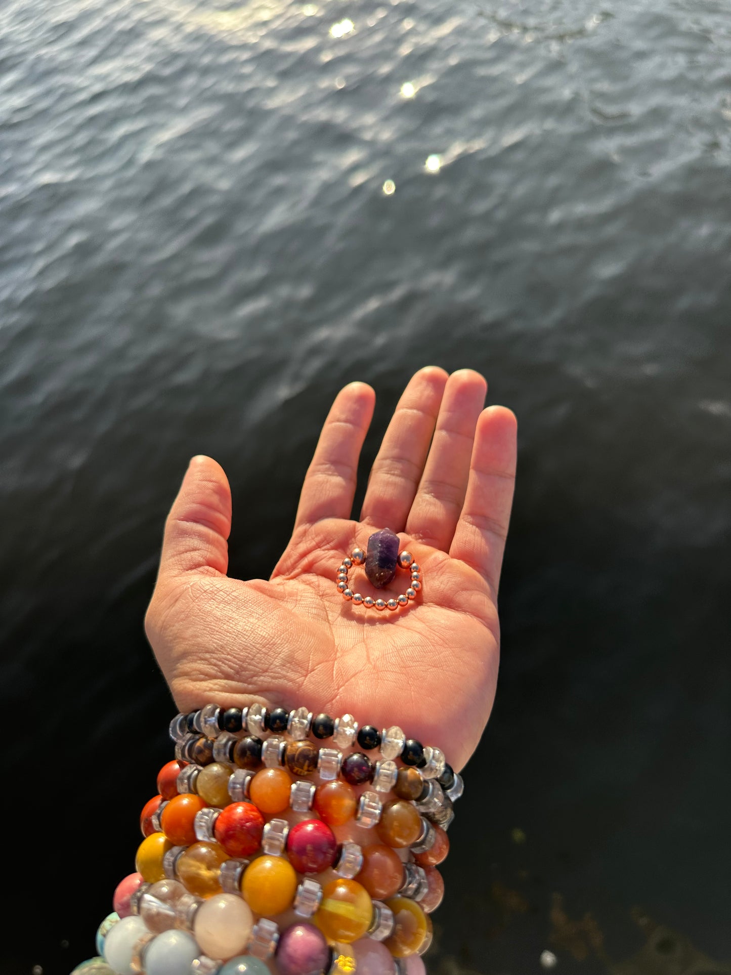 Luxury Amethyst With Copper Double Terminated Design With Comfortable Magic Stretch Ring - World's Best Quality & Made To Last