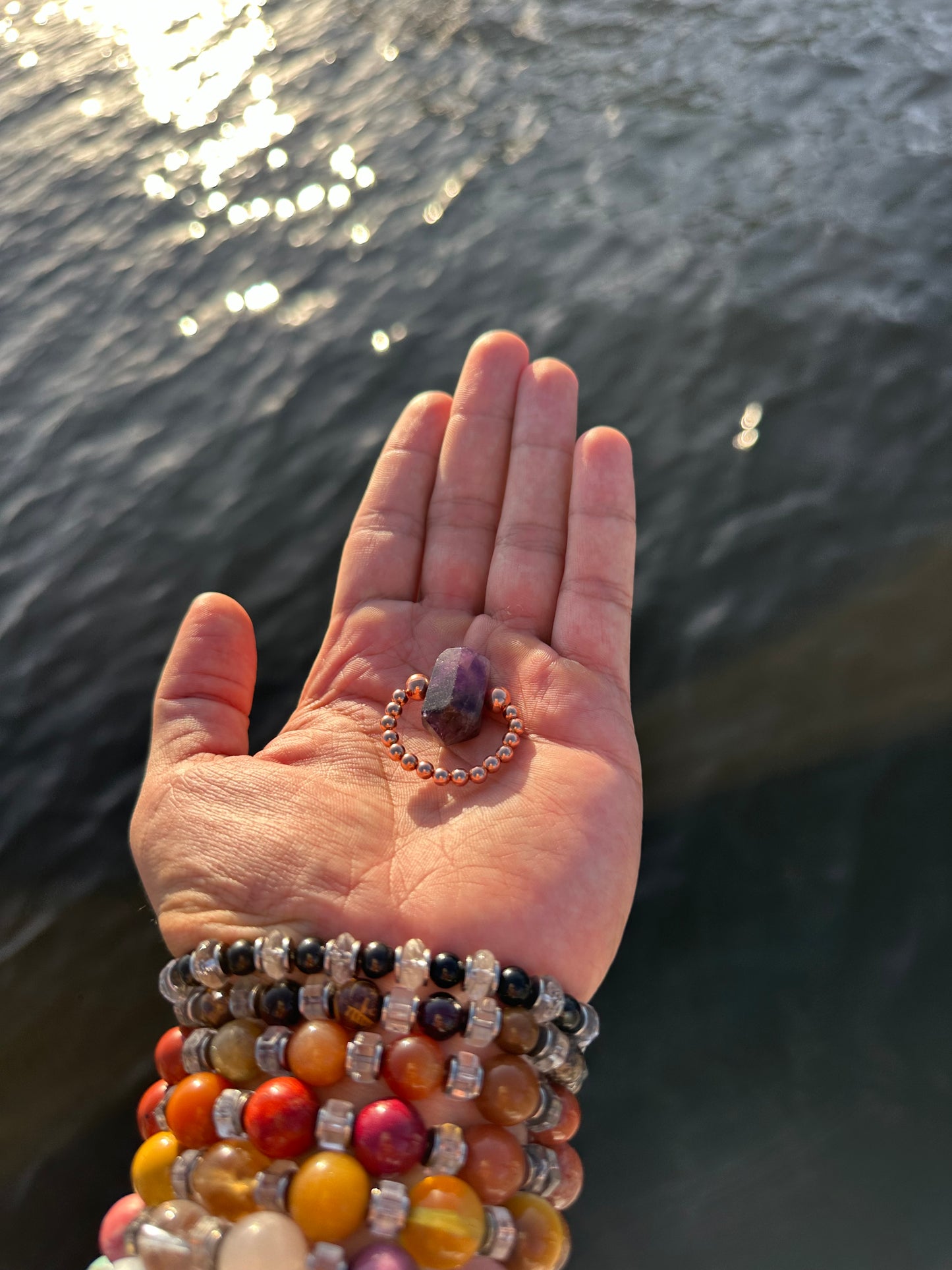 Luxury Amethyst With Copper Double Terminated Design With Comfortable Magic Stretch Ring - World's Best Quality & Made To Last