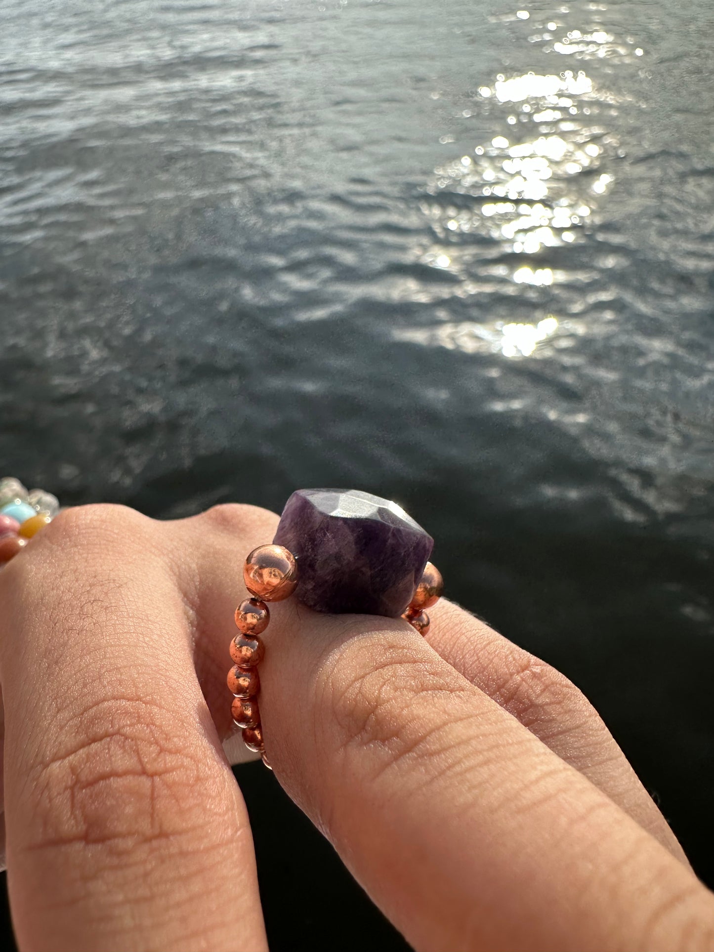 Luxury Amethyst With Copper Treasure Design (Darker Amethyst) Comfortable Magic Stretch Ring - World's Best Quality & Made To Last