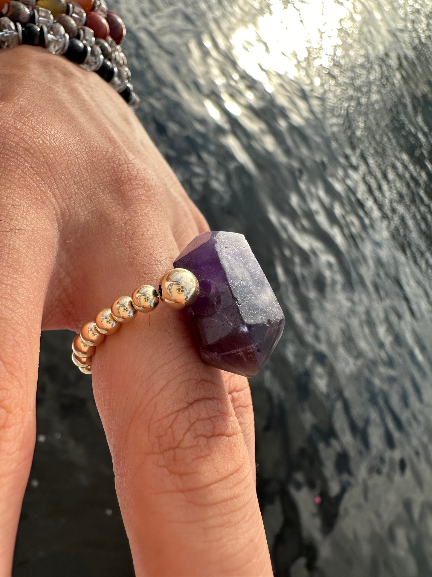 14k Solid Gold Luxury Amethyst Double Terminated Design With Comfortable Magic Stretch Ring - World's Best Quality & Made To Last